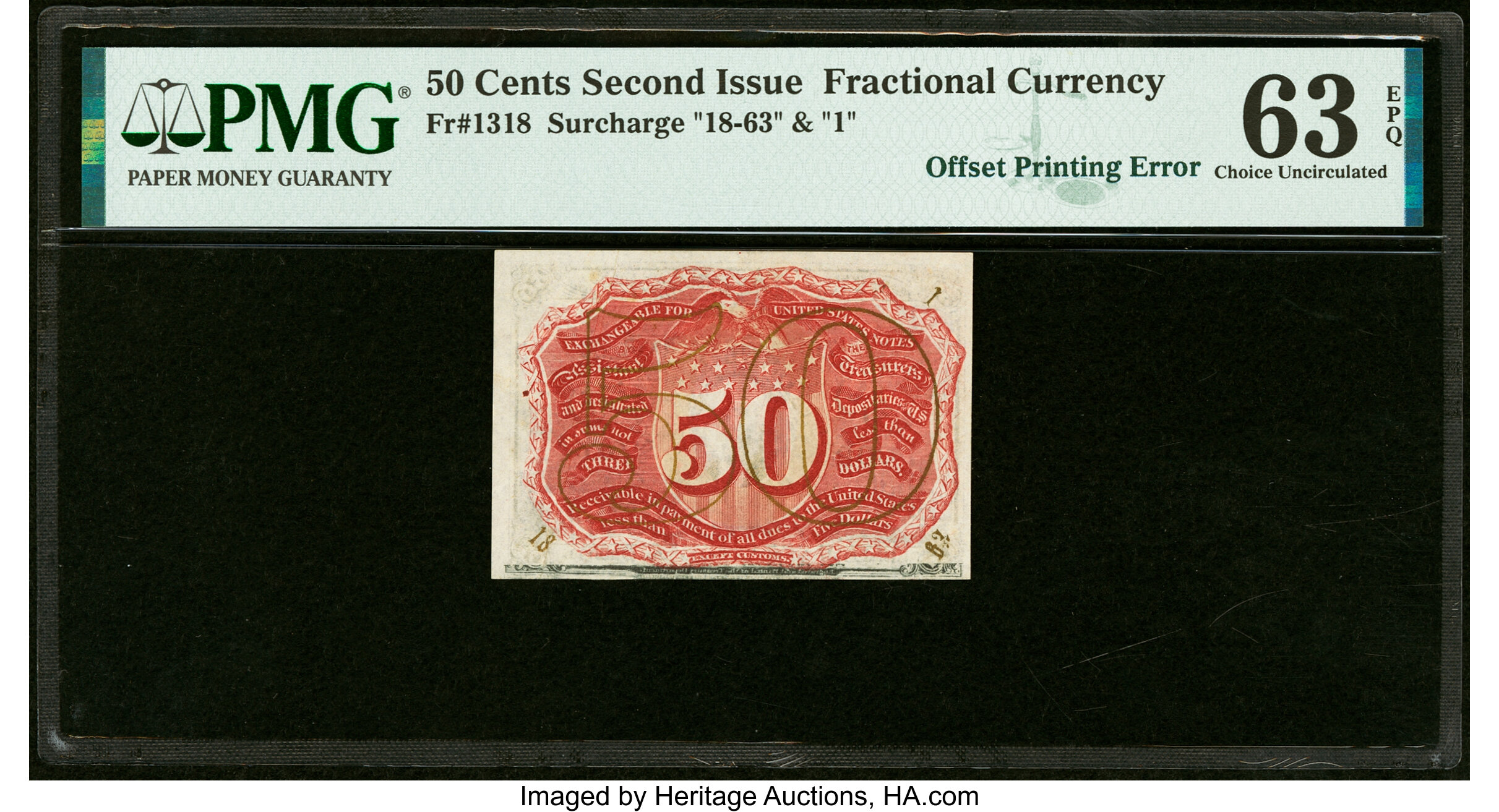 image for: Partial Face to Back Offset Error Fr. 1318 50¢ Second Issue PMG Choice Uncirculated 63 EPQ....