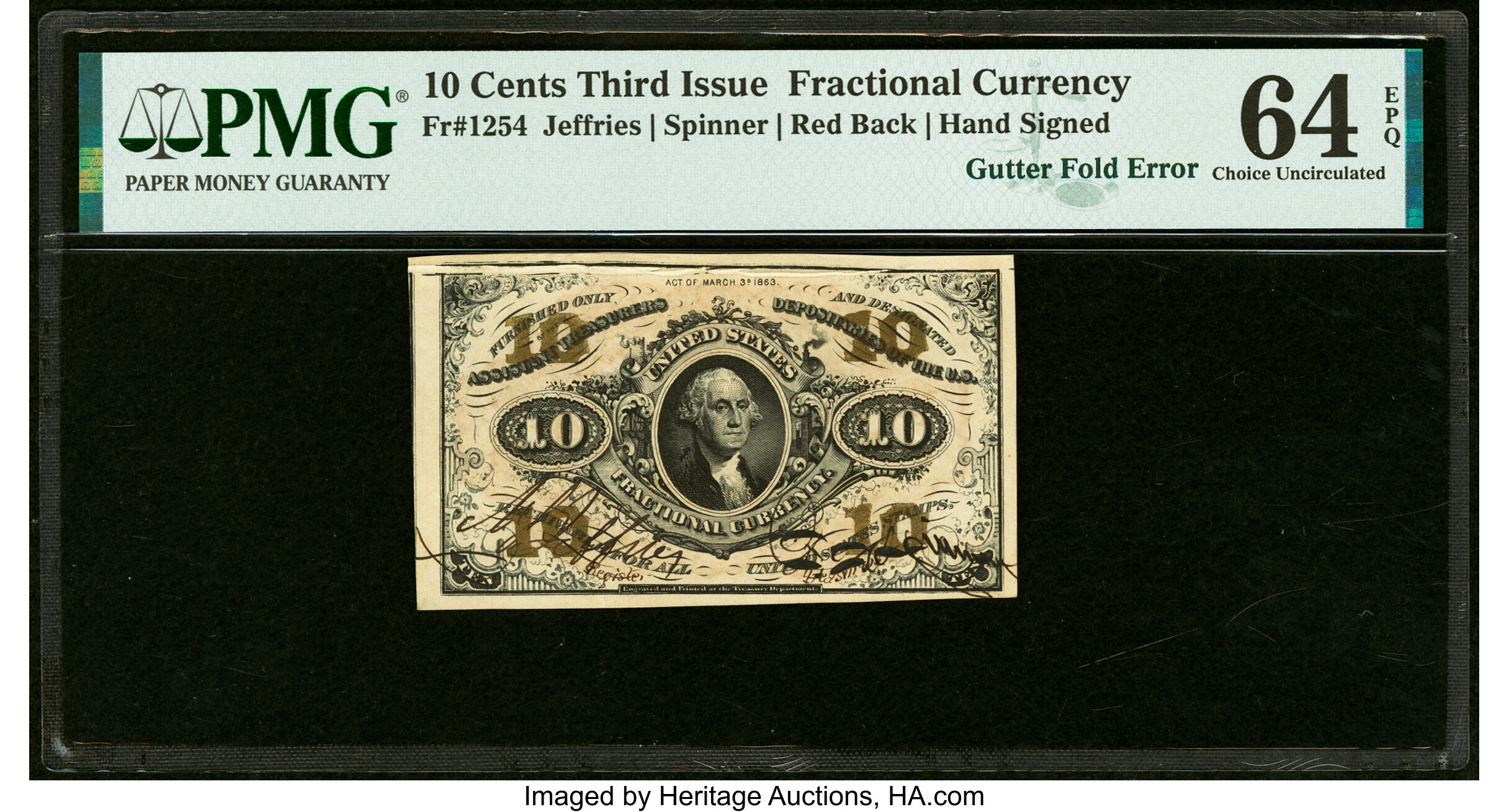 image for: Gutter Fold Error Fr. 1254 10¢ Third Issue PMG Choice Uncirculated 64 EPQ....