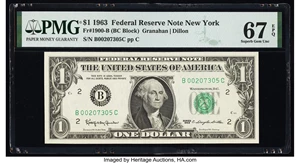 image for: Fr. 1900-B $1 1963 Federal Reserve Note. PMG Superb Gem Unc 67 EPQ....