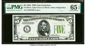 image for: Fr. 1955-L $5 1934 Federal Reserve Note. PMG Gem Uncirculated 65 EPQ....