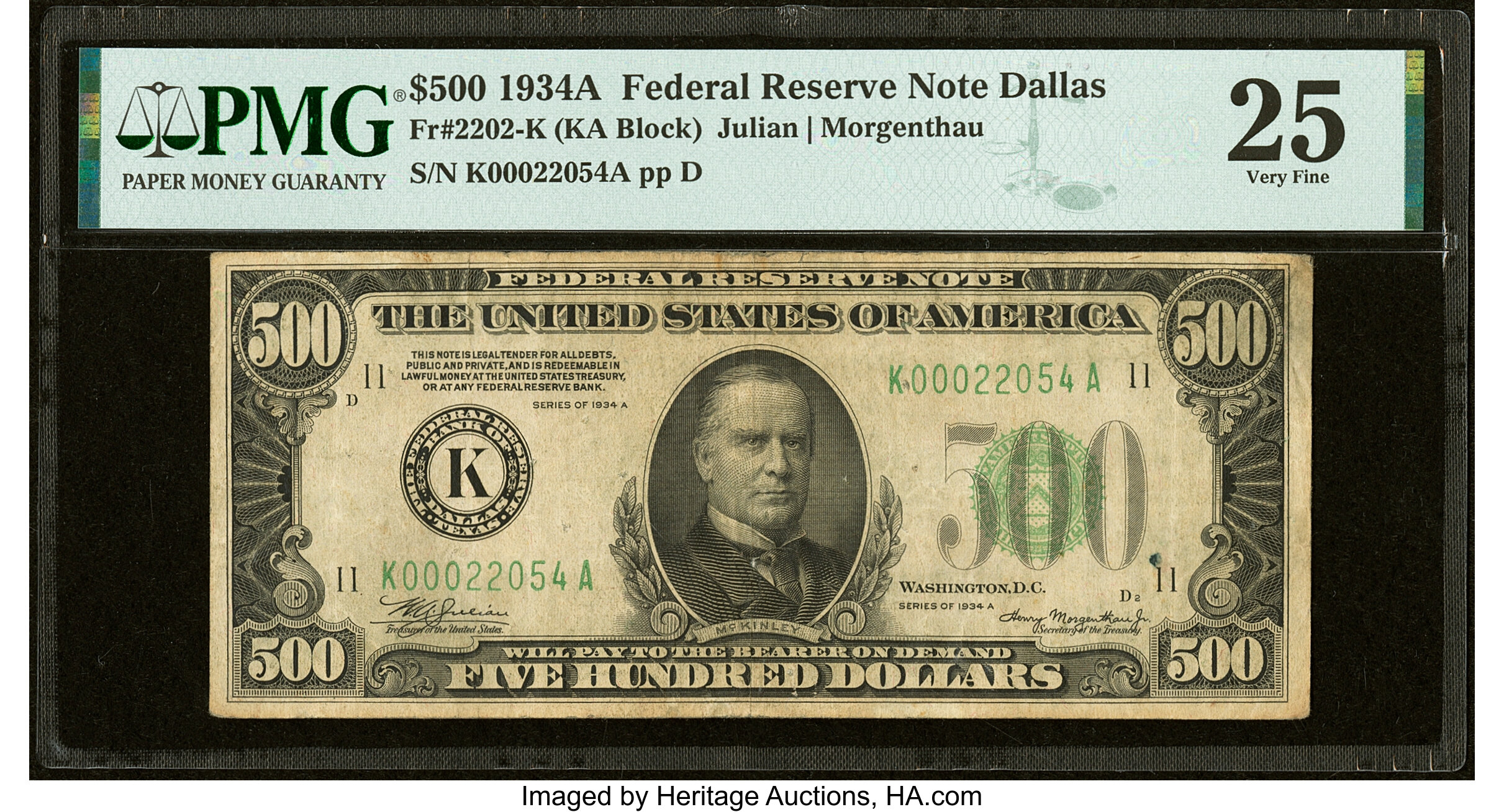 image for: Fr. 2202-K $500 1934A Federal Reserve Note. PMG Very Fine 25....