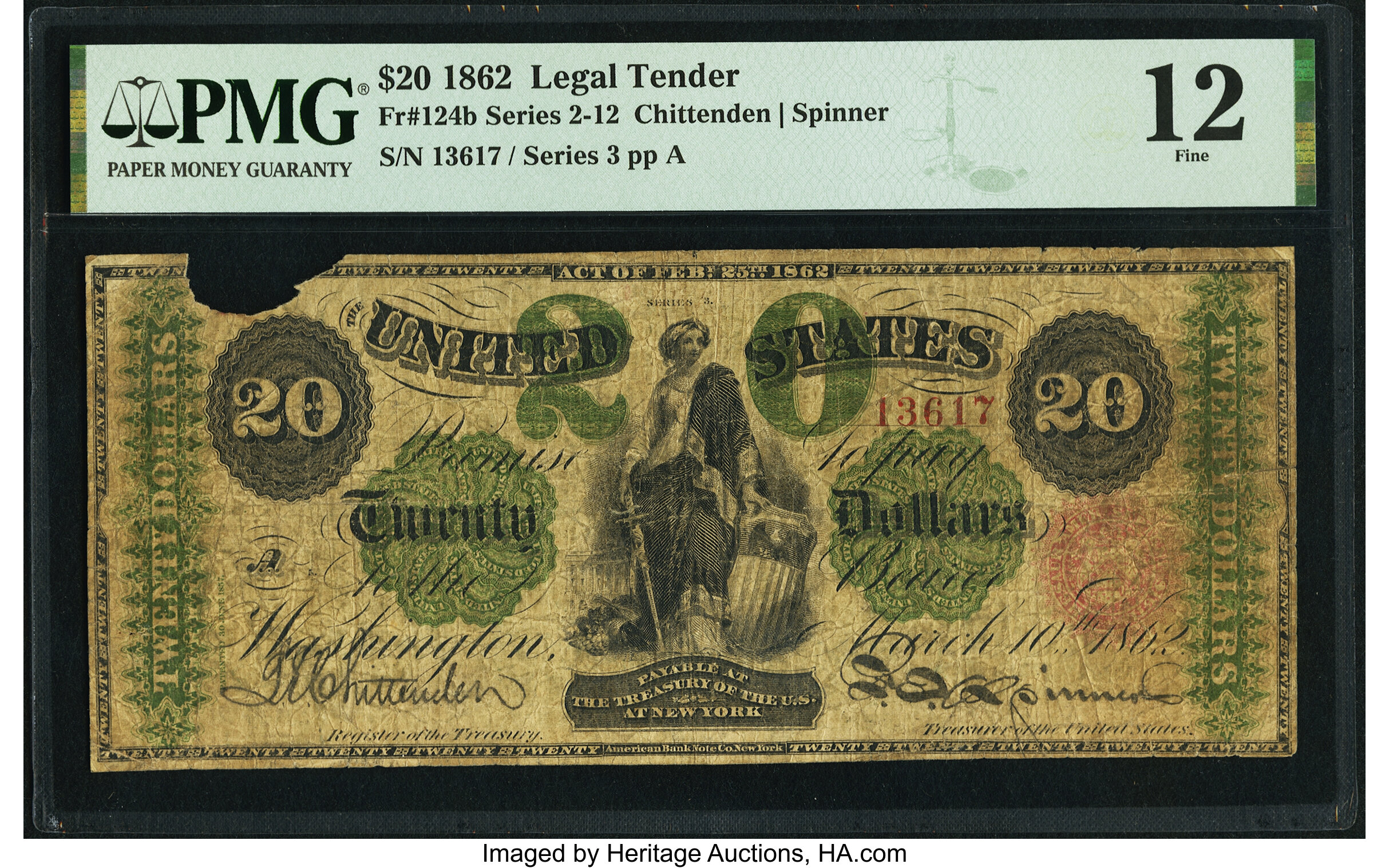 image for: Fr. 124b $20 1862 Legal Tender PMG Fine 12....