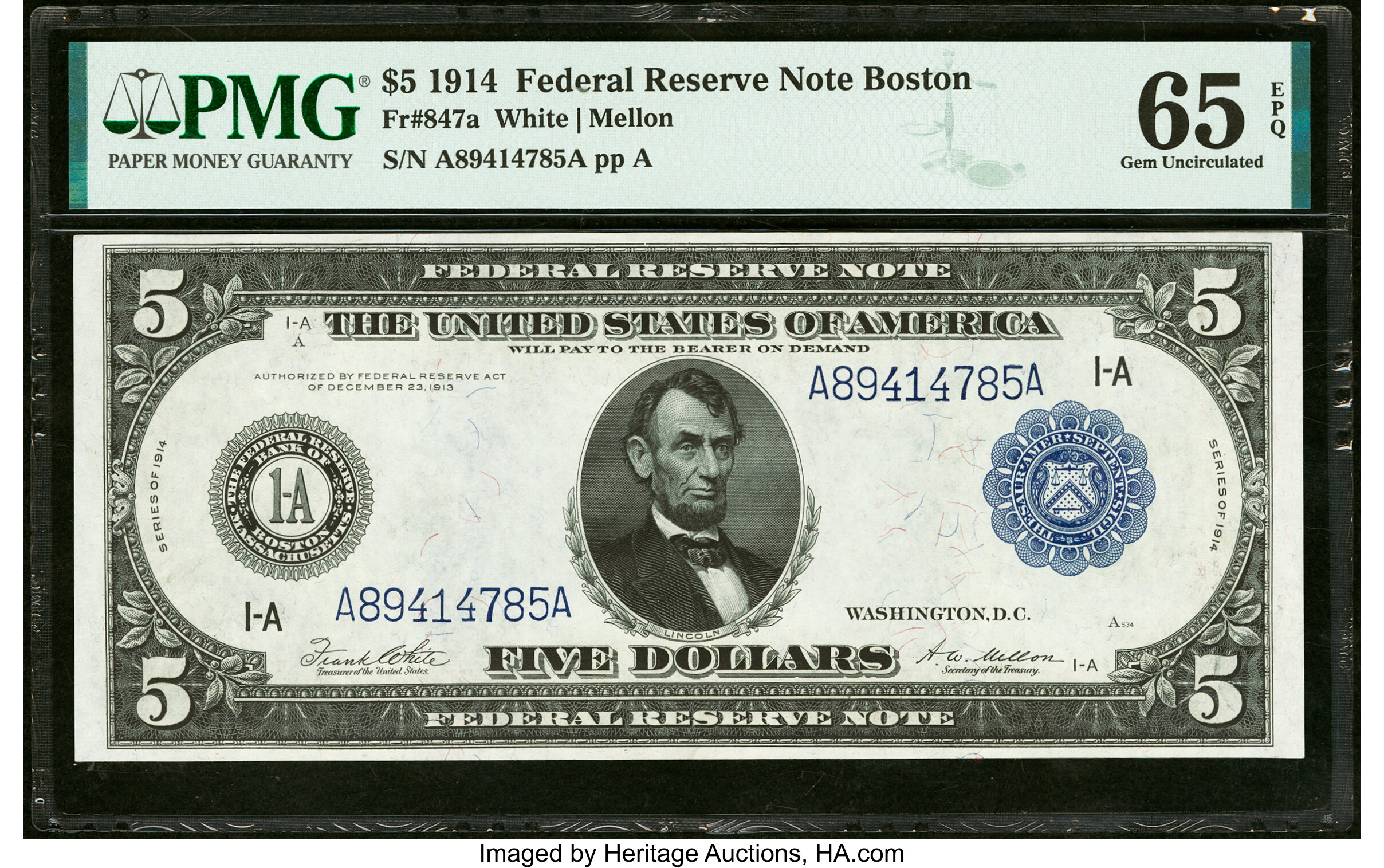 image for: Fr. 847a $5 1914 Federal Reserve Note PMG Gem Uncirculated 65 EPQ....