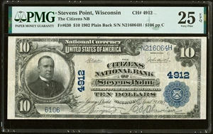 image for: Stevens Point, WI - $10 1902 Plain Back Fr. 630 The Citizens National Bank Ch. # 4912 PMG Very Fine 25 EPQ....