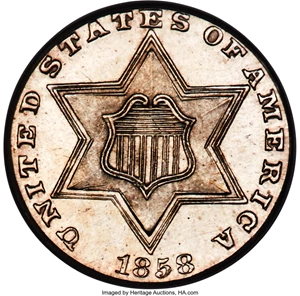 image for: 1858 3CS PR64 Cameo PCGS. CAC. A sharply struck, appreciably contrasted near-Gem example of this important proof date, mark...