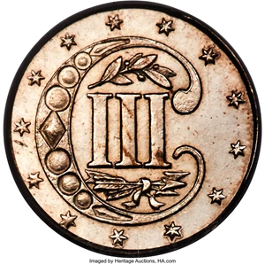 image for: 1858 3CS PR64 Cameo PCGS. CAC. A sharply struck, appreciably contrasted near-Gem example of this important proof date, mark...