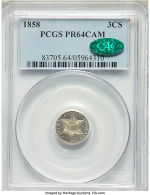 image for: 1858 3CS PR64 Cameo PCGS. CAC. A sharply struck, appreciably contrasted near-Gem example of this important proof date, mark...