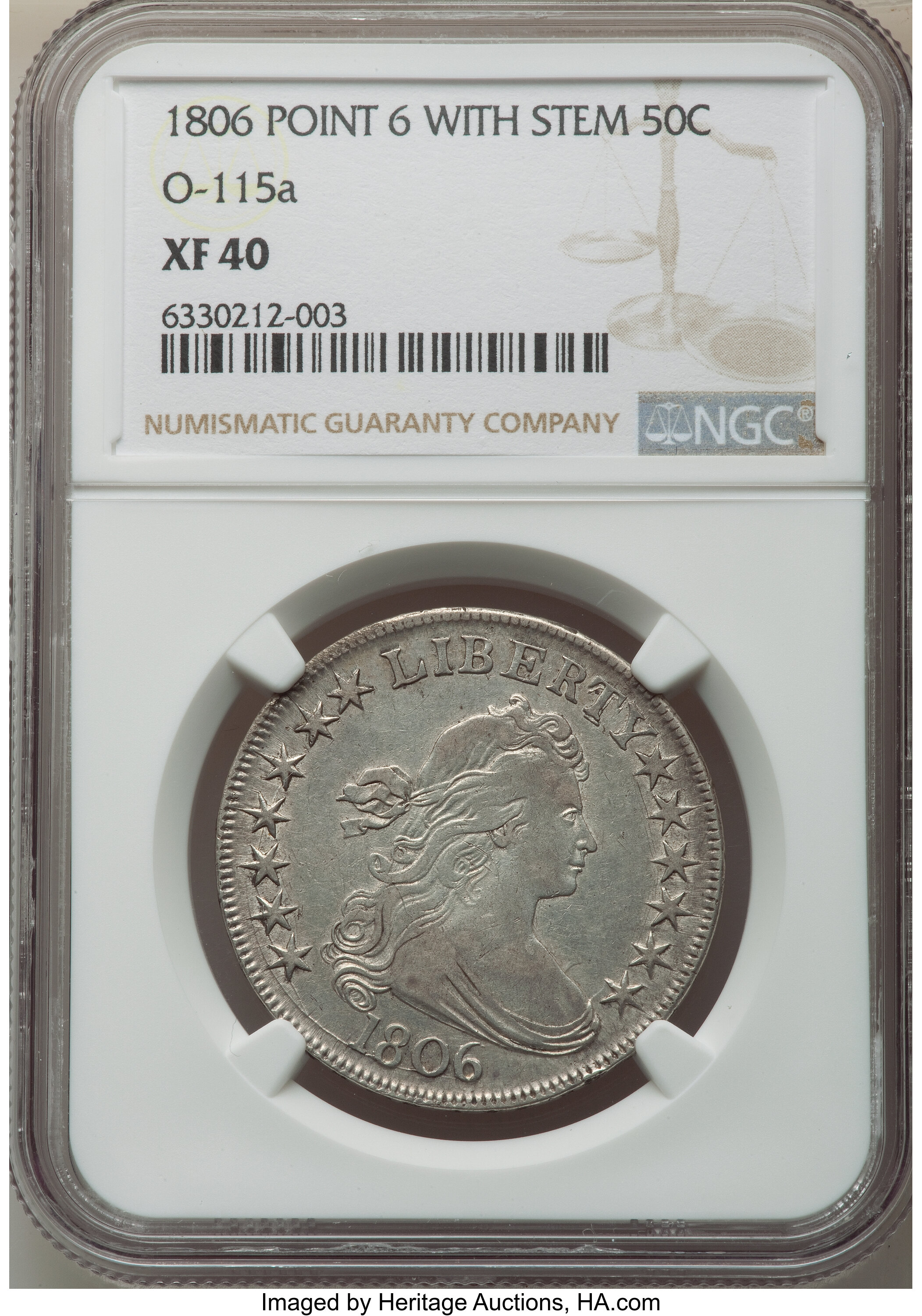 image for: 1806 50C Pointed 6, Stem, O-115a, T-17, R.1, XF40 NGC. NGC Census: (4/11). PCGS Population: (1/6). CDN: $1,350 Whsle. Bid f...