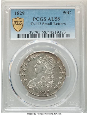 image for: 1829 50C Small Letters, O-112, R.1, AU58 PCGS. PCGS Population: (4/2 and 0/0+). NGC Census: (4/12 and 0/0+). CDN: $620 Whsl...