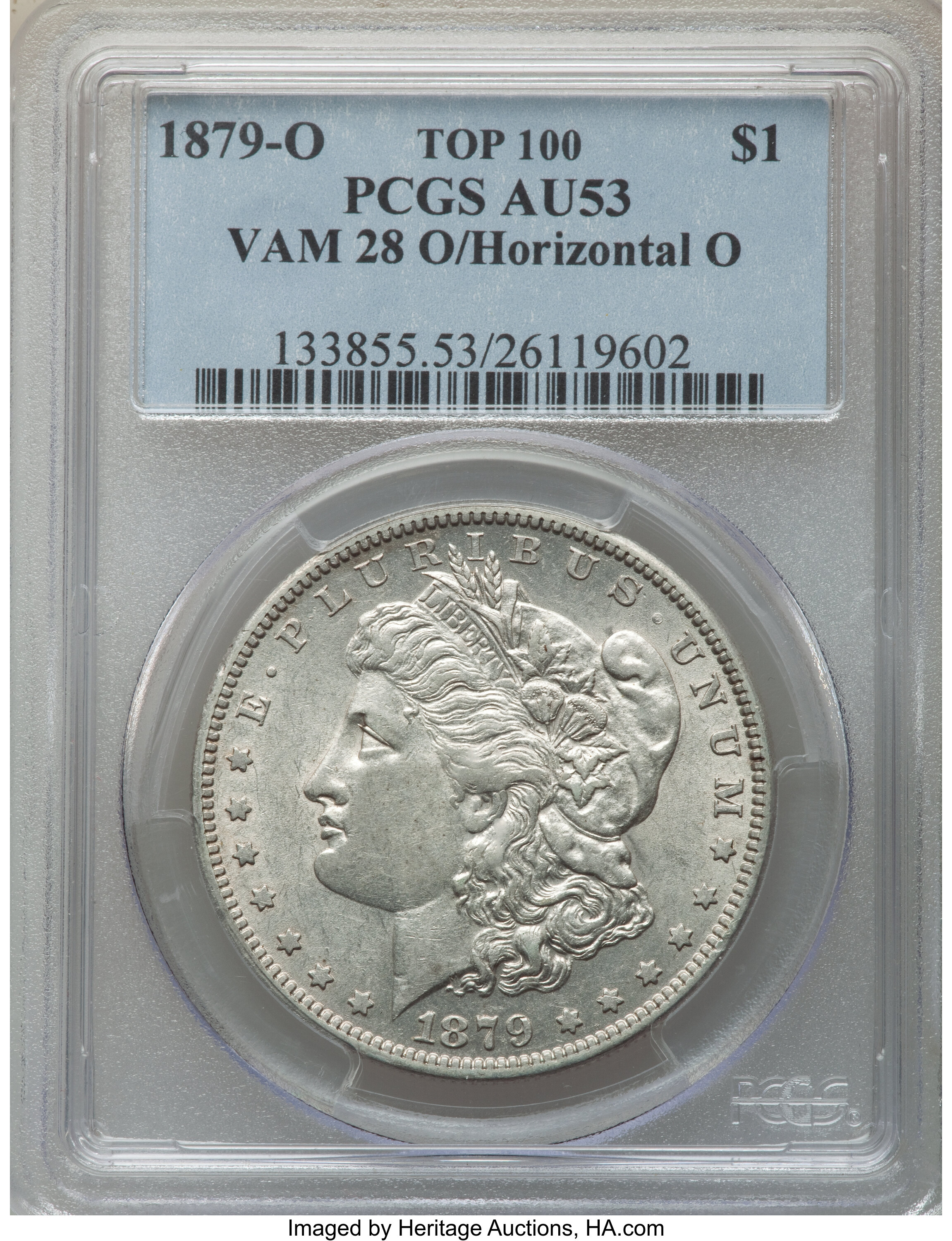 image for: 1879-O $1 O Over Horizontal O, VAM-28, Top 100, AU53 PCGS. PCGS Population: (9/12). NGC Census: (1/13). CDN: $260 Whsle. Bi...