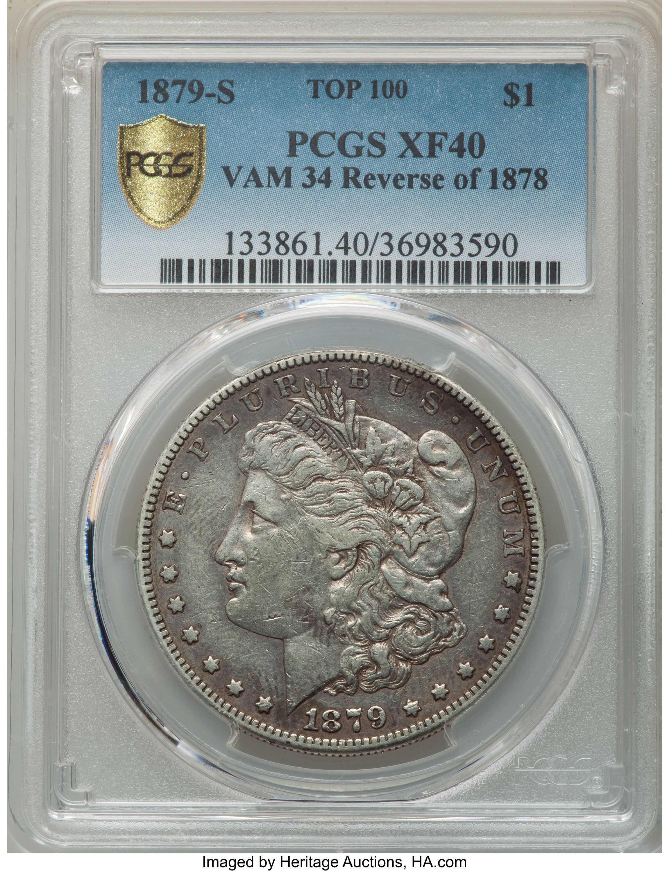 image for: 1879-S $1 Reverse of 1878, VAM-34, Top 100, XF40 PCGS. PCGS Population: (14/15 and 0/0+). NGC Census: (0/0 and 0/0+). CDN: ...
