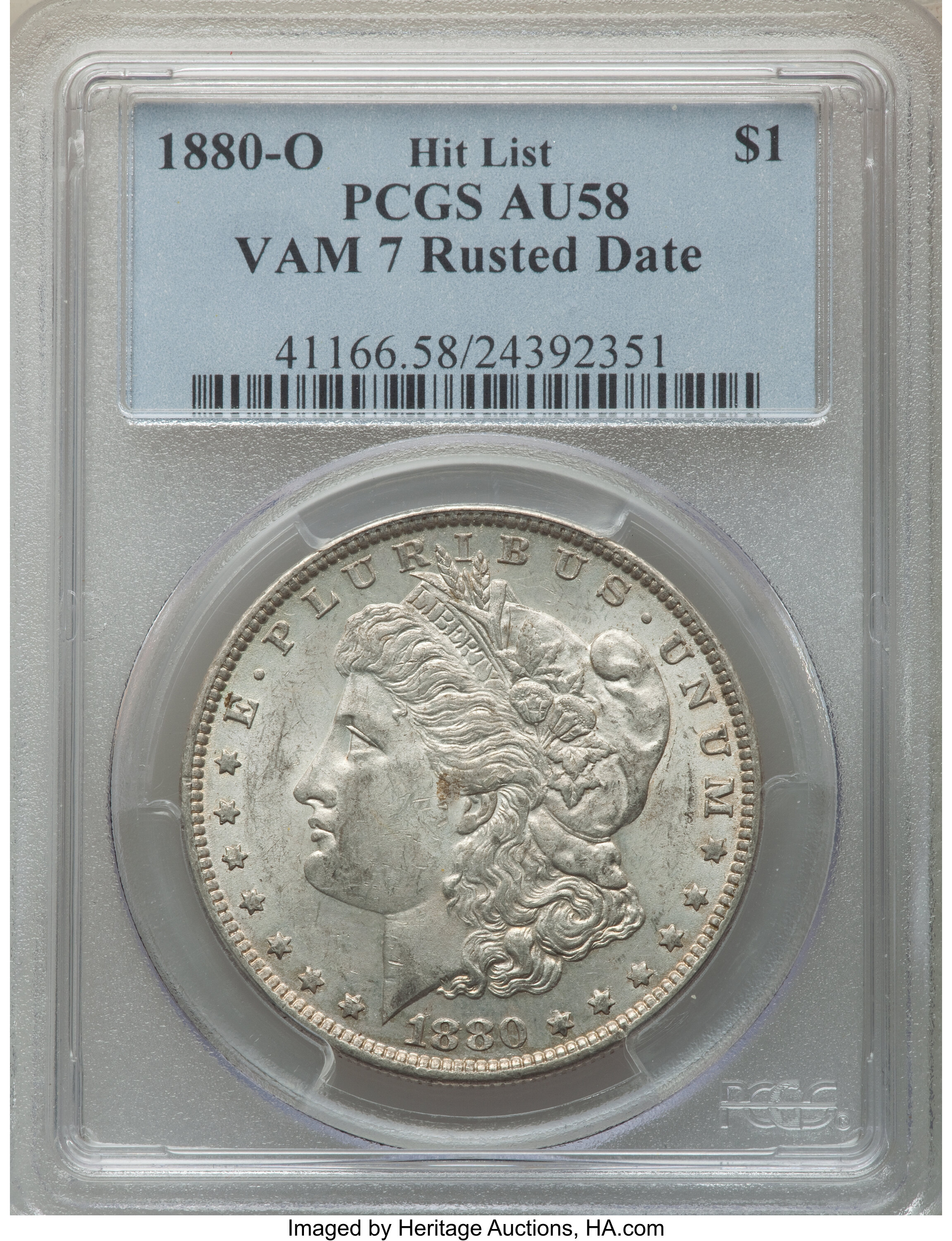 image for: 1880-O $1 Rusted Date, VAM-7, Hit List, AU58 PCGS. PCGS Population: (26/58). NGC Census: (0/0). CDN: $109.25.Whsle. Bid for...
