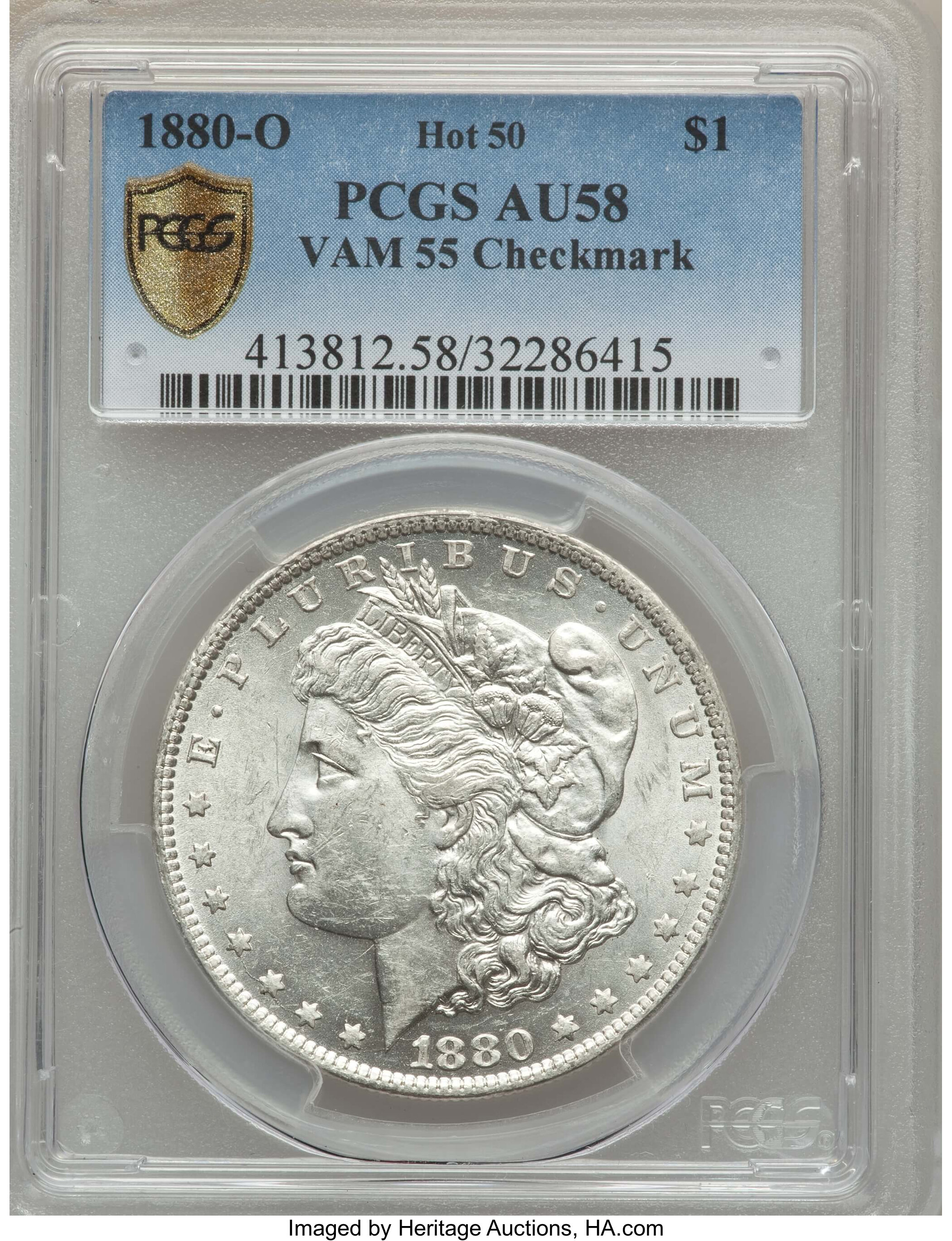 image for: 1880-O $1 Checkmark, VAM-55, Hot-50, AU58 PCGS. PCGS Population: (12/21 and 0/0+). NGC Census: (0/0 and 0/0+). AU58....