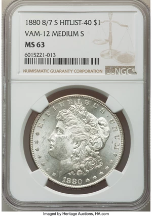 image for: 1880-S $1 8/7, Checkmark, Medium S, VAM-12, MS63 NGC. A Hitlist-40 Variety. NGC Census: (0/0). PCGS Population: (19/95). MS...