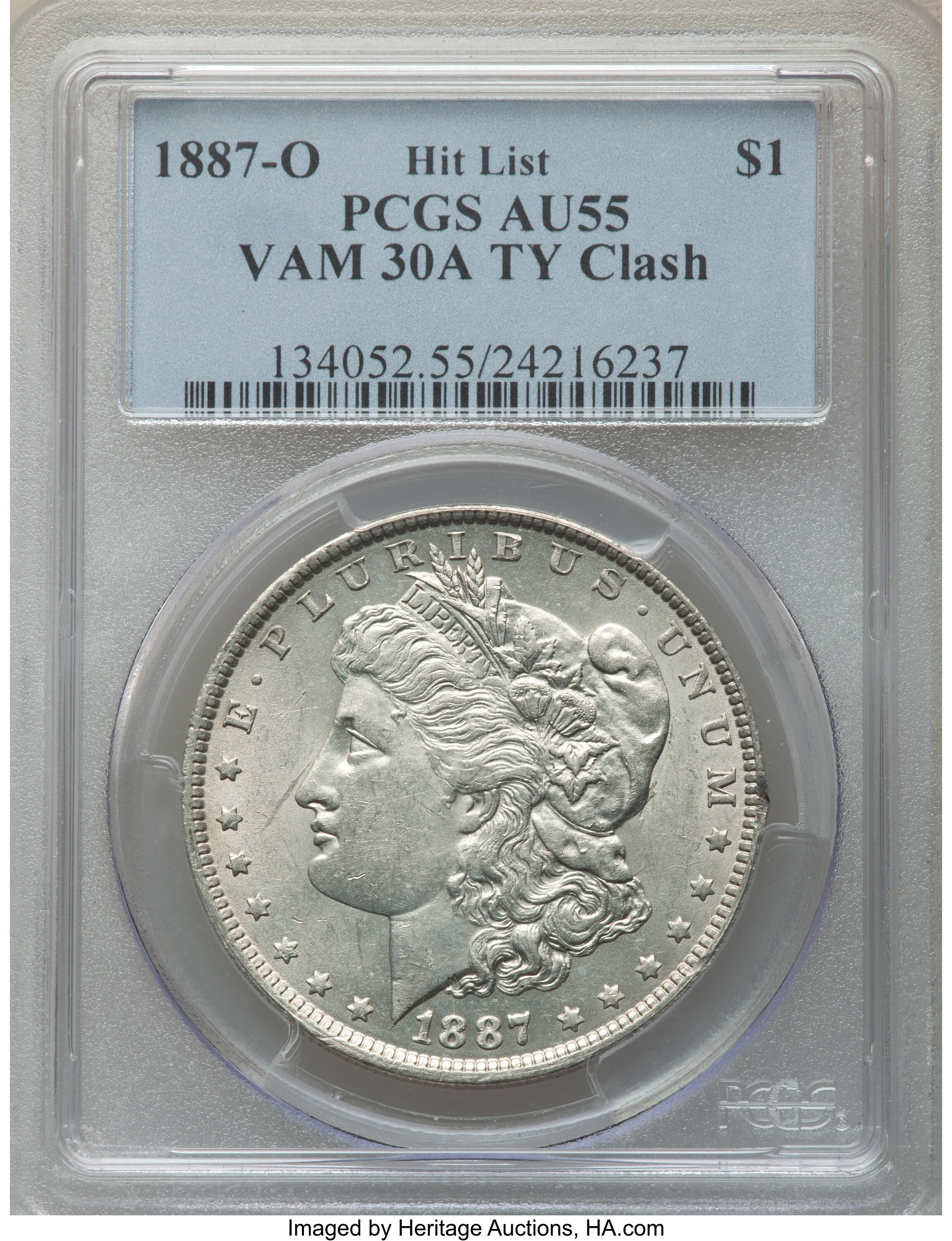image for: 1887-O $1 VAM-30, TY Clash, Hit List, AU55 PCGS. PCGS Population: (7/50). NGC Census: (2/11). AU55....