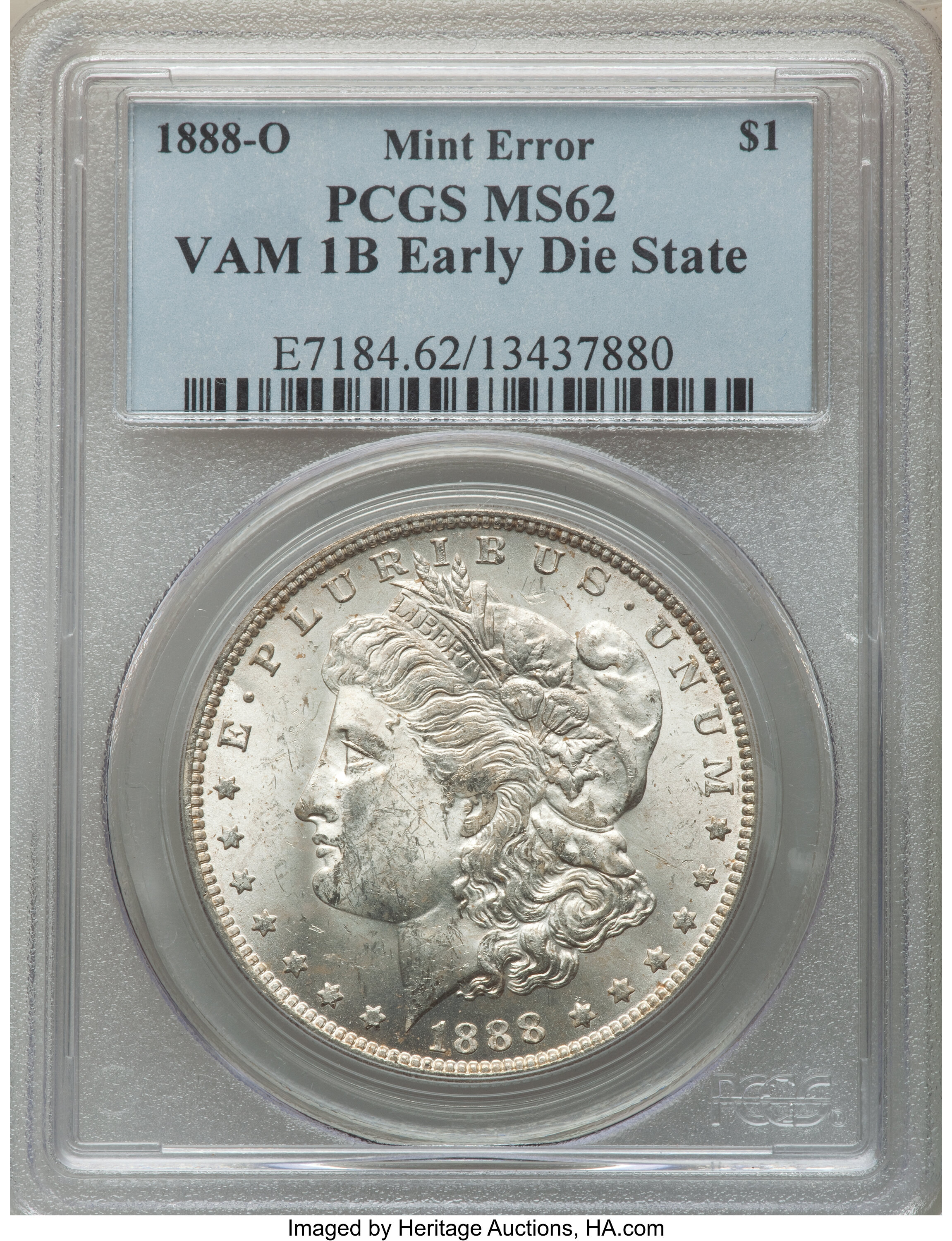 image for: 1888-O $1 Scarface, Early Die State, VAM-1B, MS62 PCGS. PCGS Population: (39/18). NGC Census: (0/0). CDN: $3,100 Whsle. Bid...