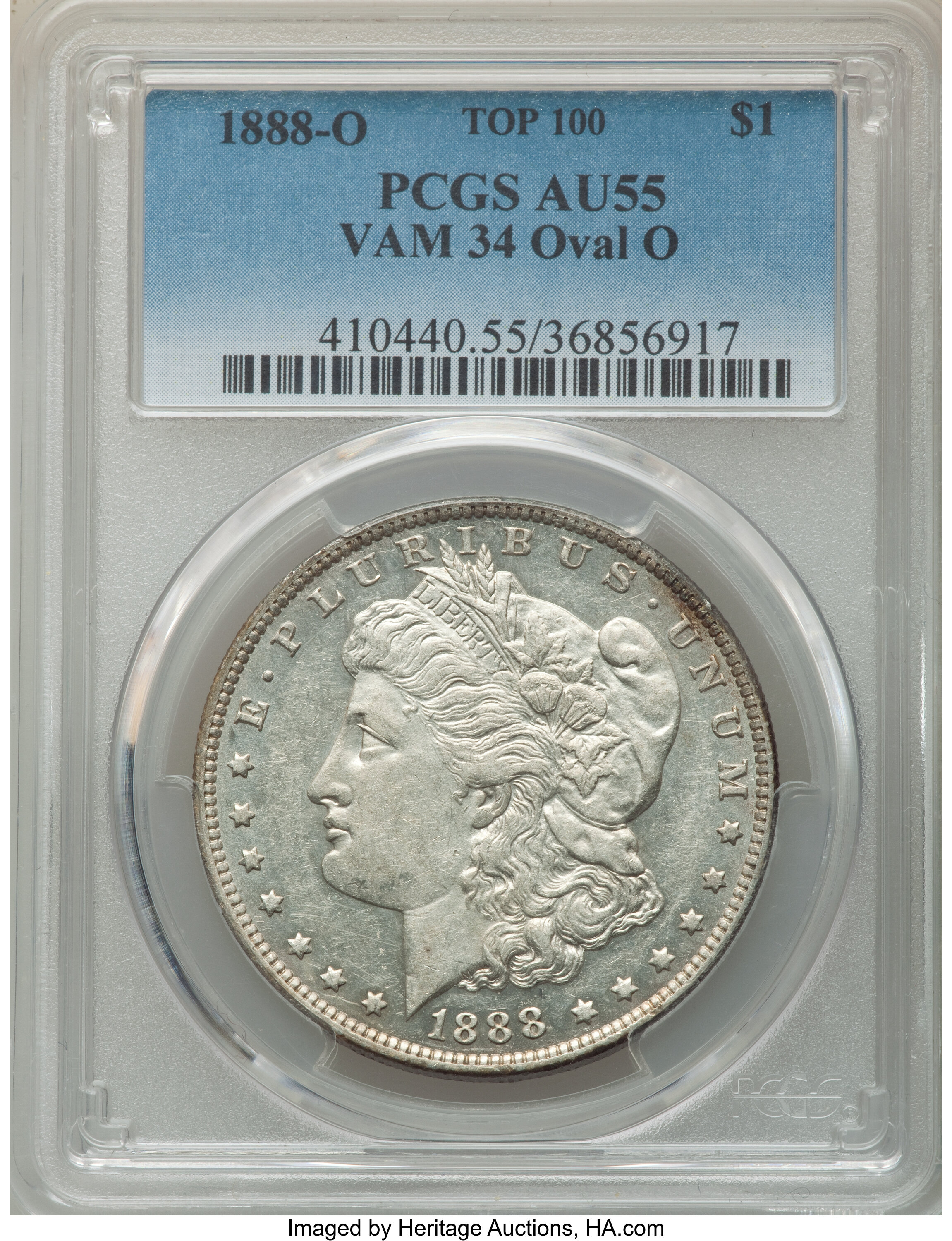 image for: 1888-O $1 Oval-O, VAM-34, Top 100, AU55 PCGS. PCGS Population: (2/10). NGC Census: (0/0). AU55. Mintage 12,150,000....