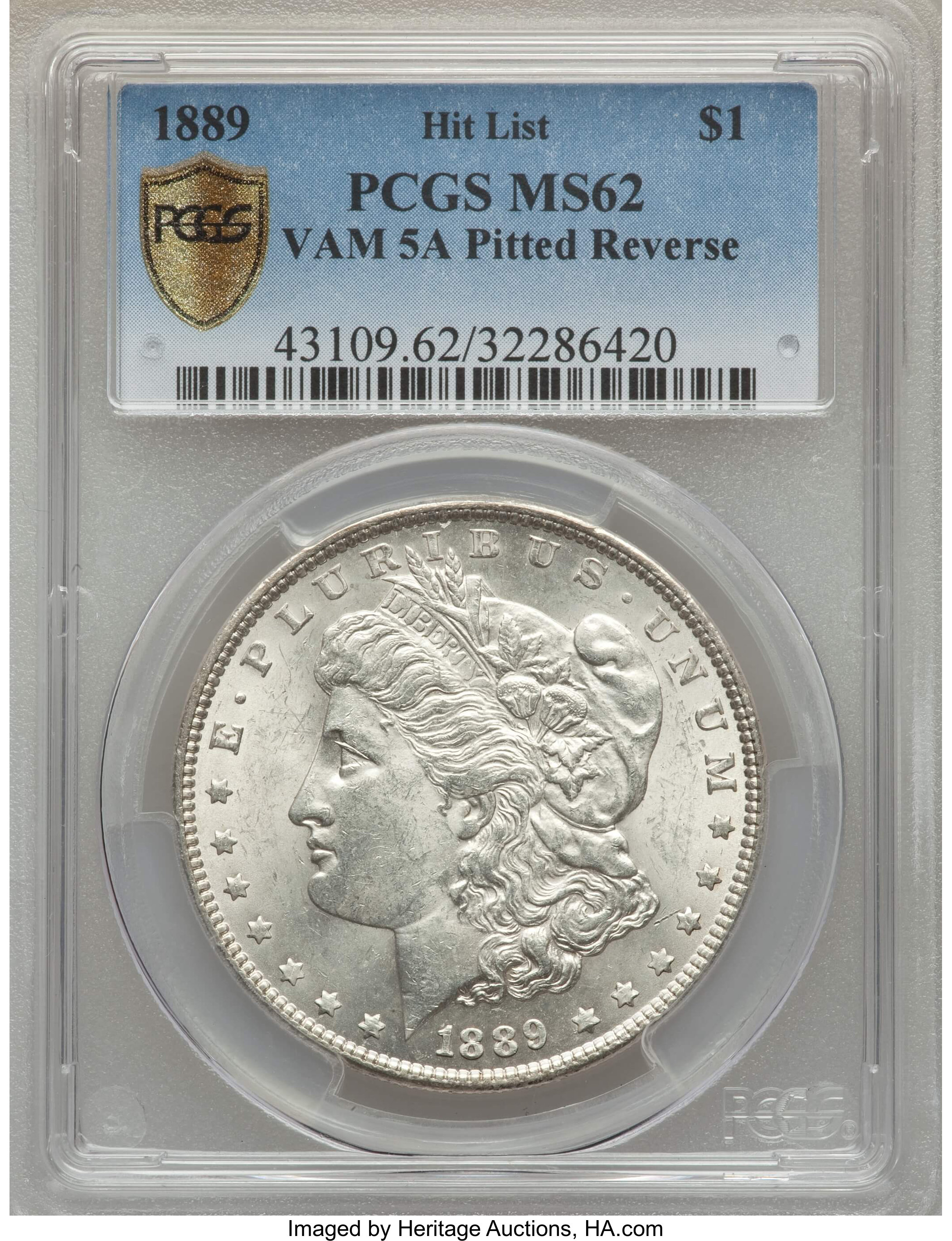 image for: 1889 $1 VAM-5A, Pitted Reverse, Hit List, MS62 PCGS. PCGS Population: (9/23 and 0/0+). NGC Census: (0/0 and 0/0+). MS62....