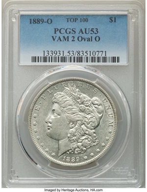 image for: 1889-O $1 Oval O, VAM-2, Top-100, AU53 PCGS. PCGS Population: (15/55). NGC Census: (2/9). CDN: $143 Whsle. Bid for NGC/PCGS...