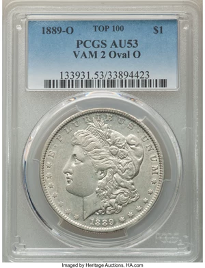 image for: 1889-O $1 Oval O, VAM-2, Top-100, AU53 PCGS. PCGS Population: (15/55). NGC Census: (2/9). CDN: $143 Whsle. Bid for NGC/PCGS...