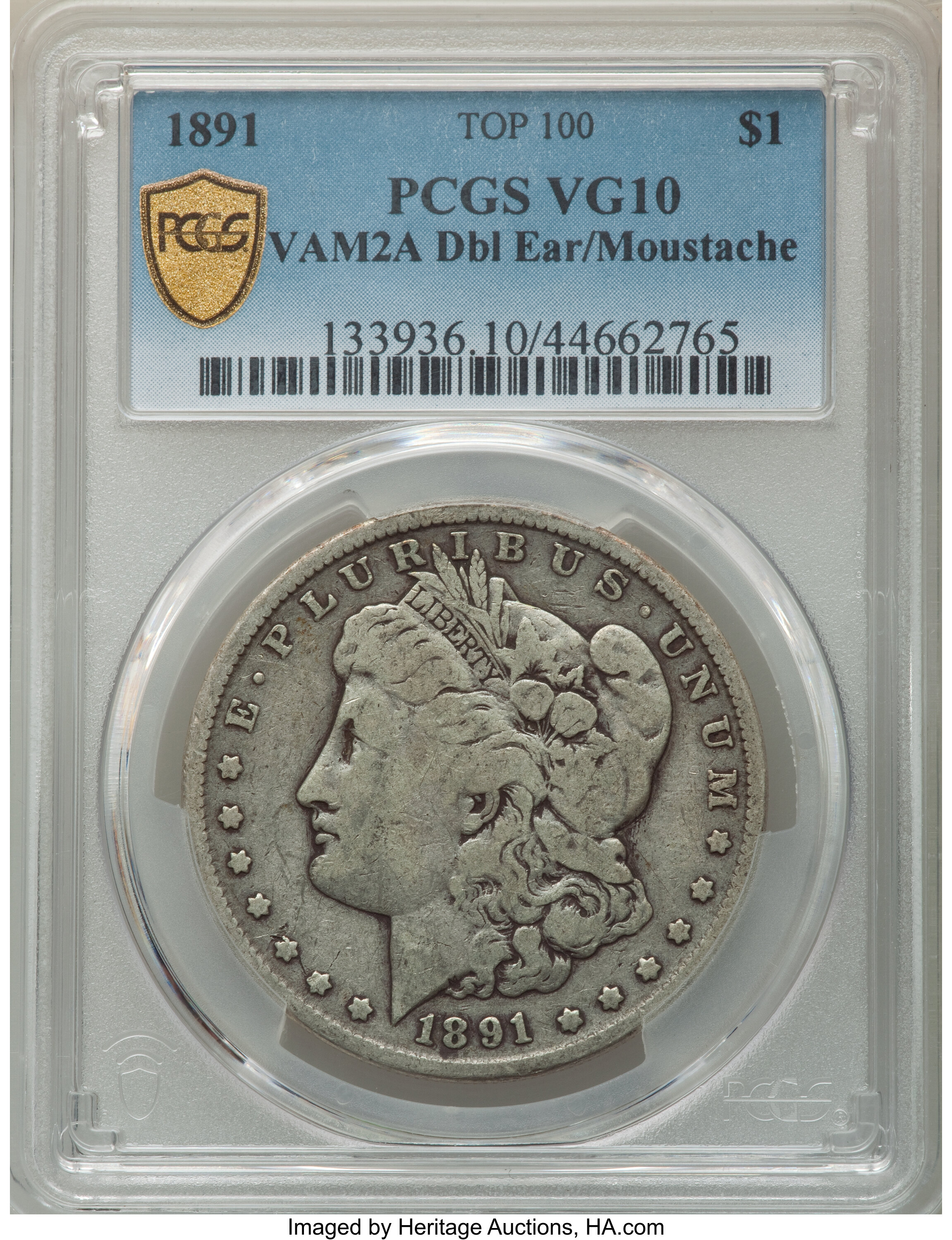 image for: 1891 $1 Doubled Ear and Mustache, VAM-2A, Top 100, VG10 PCGS. PCGS Population: (5/89 and 0/0+). NGC Census: (2/35 and 0/0+)...
