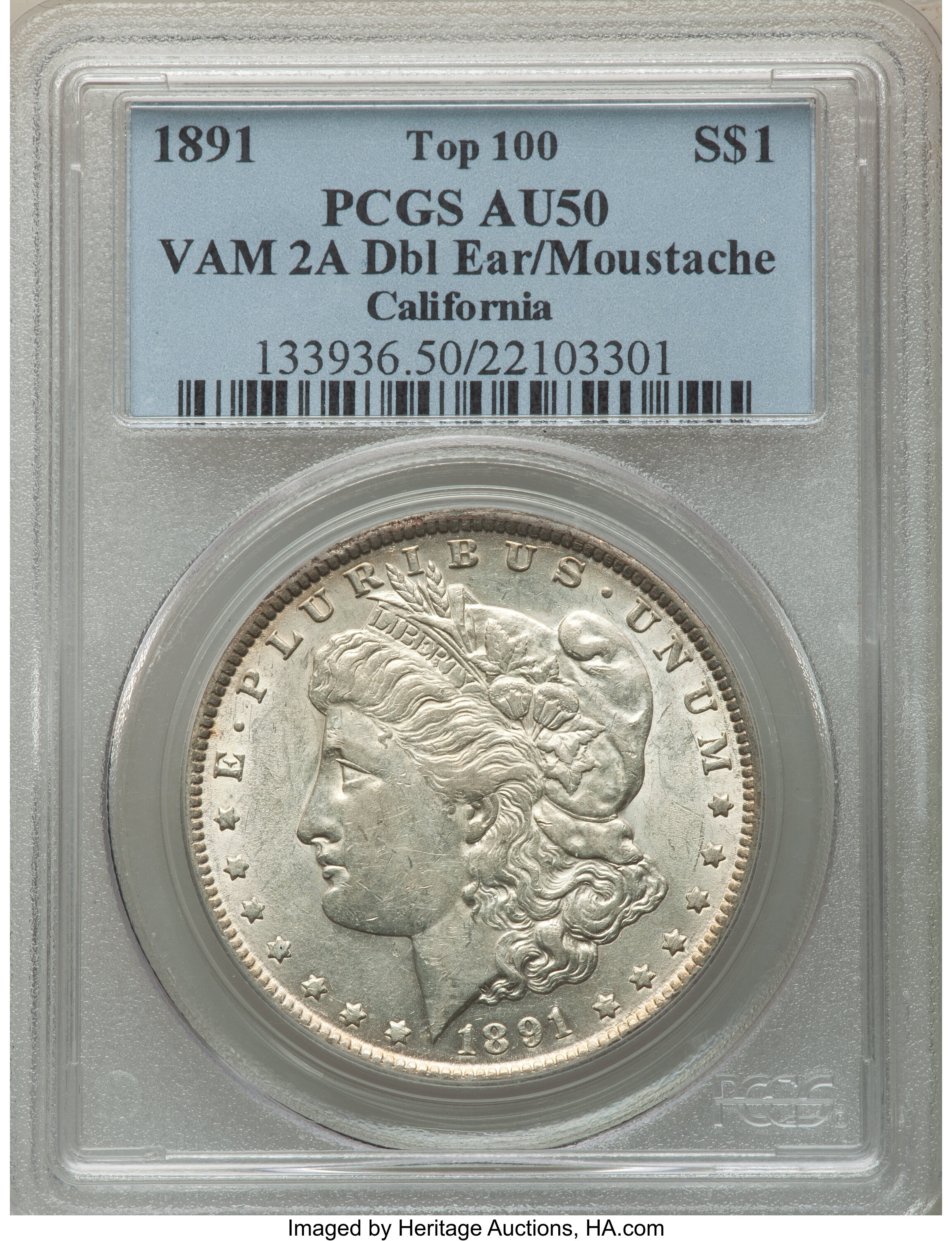 image for: 1891 $1 Doubled Ear and Mustache, VAM-2A, Top 100, AU50 PCGS. Ex: California. PCGS Population: (14/26). NGC Census: (1/6). ...