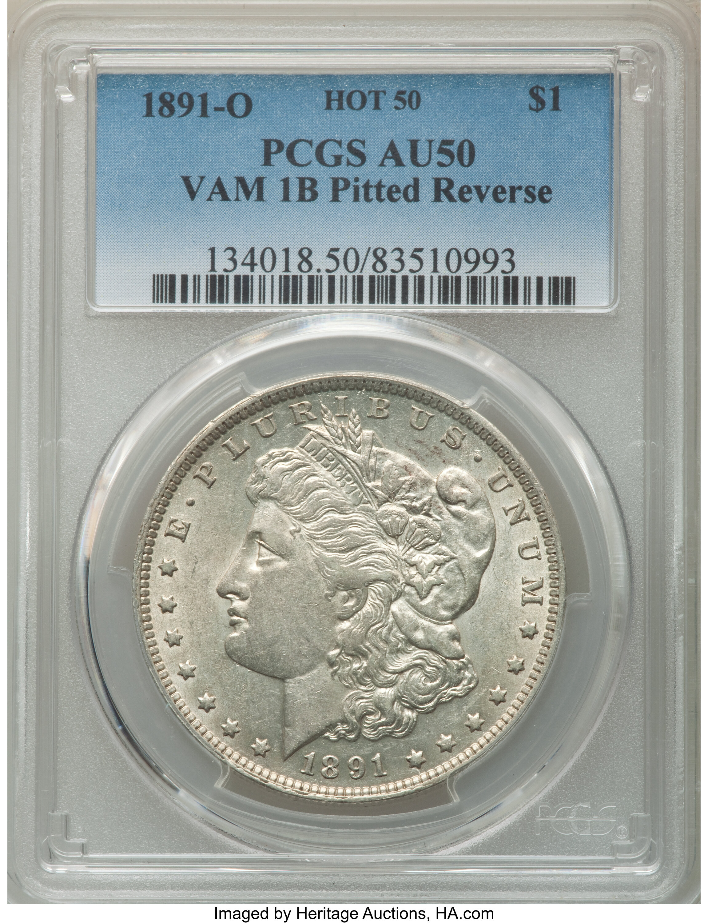 image for: 1891 $1 Pitted Reverse, VAM-1B, Hot-50, AU50 PCGS. PCGS Population: (5/18). NGC Census: (0/0). AU50....