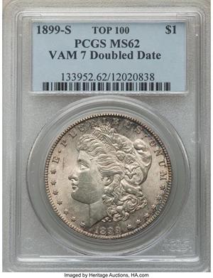 image for: 1899-S $1 Doubled Date, VAM-7, Top 100, MS62 PCGS. PCGS Population: (18/71). NGC Census: (23/37). CDN: $764.50.Whsle. Bid f...