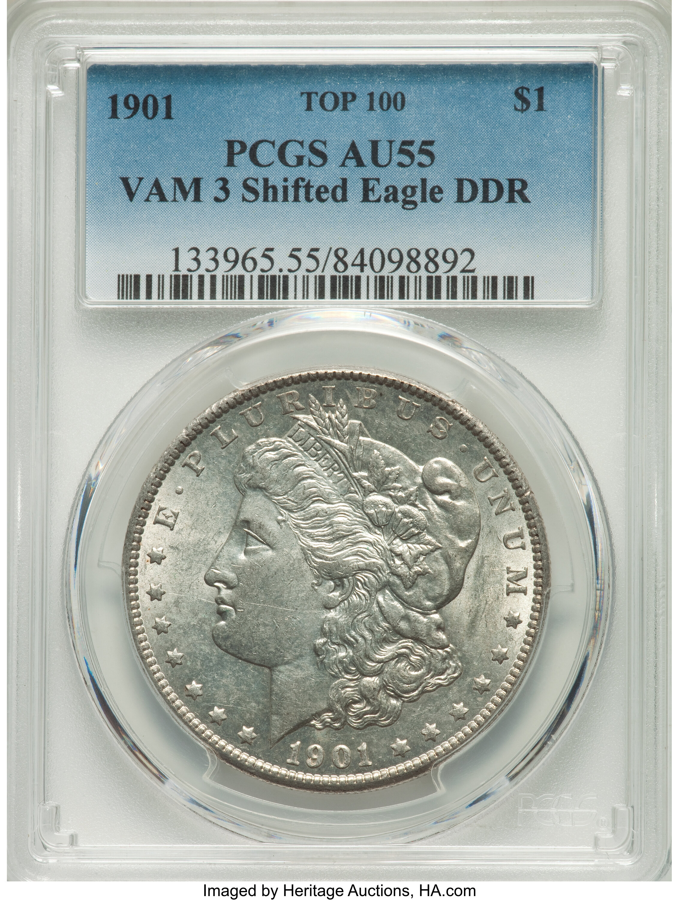 image for: 1901 $1 Doubled Die Reverse, VAM-3, AU55 PCGS. A Top 100 Variety. VAM-3 is known as the "Shifted Eagle" reverse, with the e...