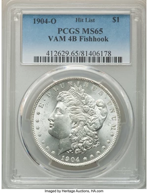 image for: 1904-O $1 Fish Hook, VAM-4B, MS65 PCGS. A Hitlist Variety. PCGS Population: (27/5). NGC Census: (0/0). CDN: $440 Whsle. Bid...