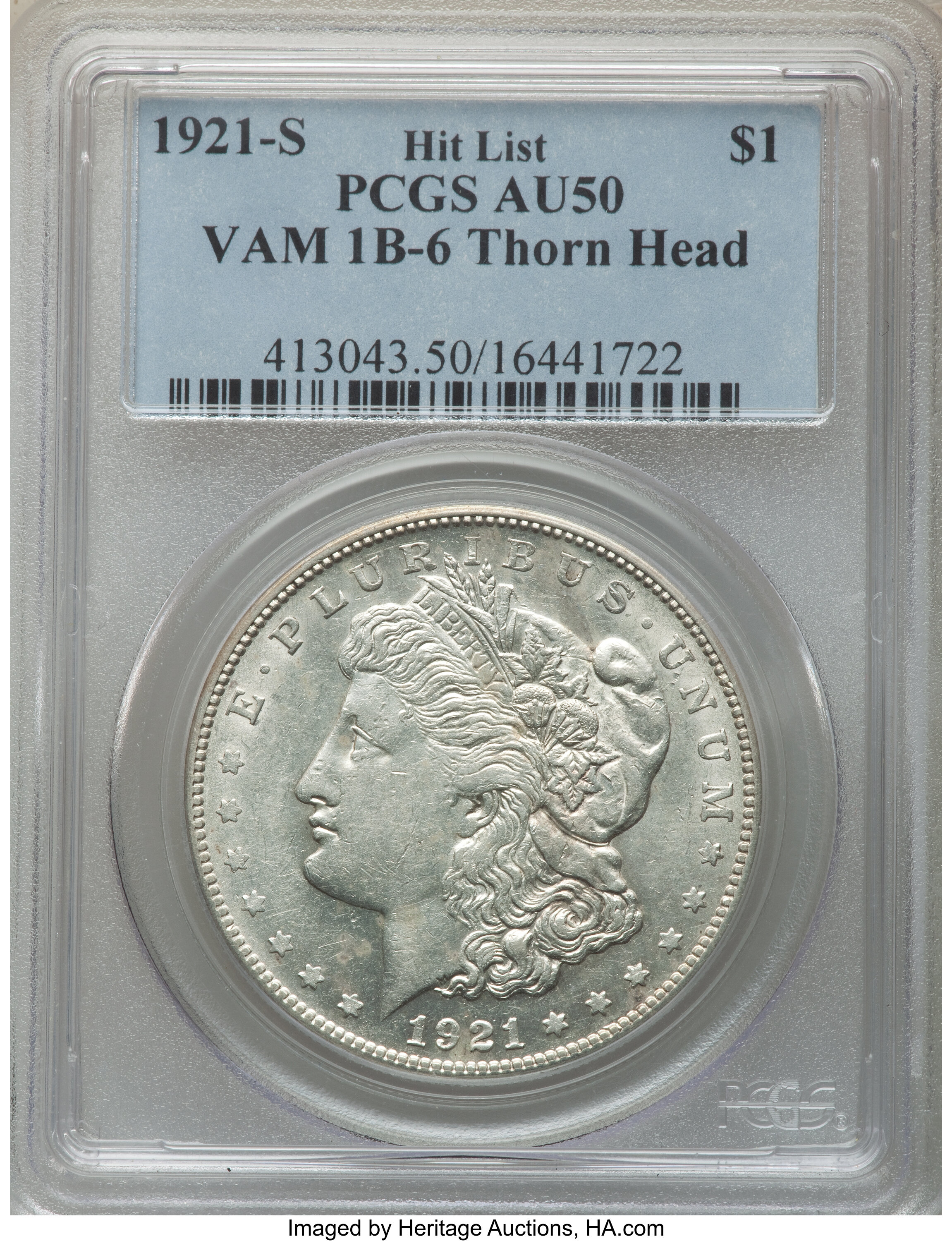 image for: 1921-S $1 Thorn Head, VAM-1B6, Hit List, AU50 PCGS. PCGS Population: (7/99). NGC Census: (0/0). AU50....