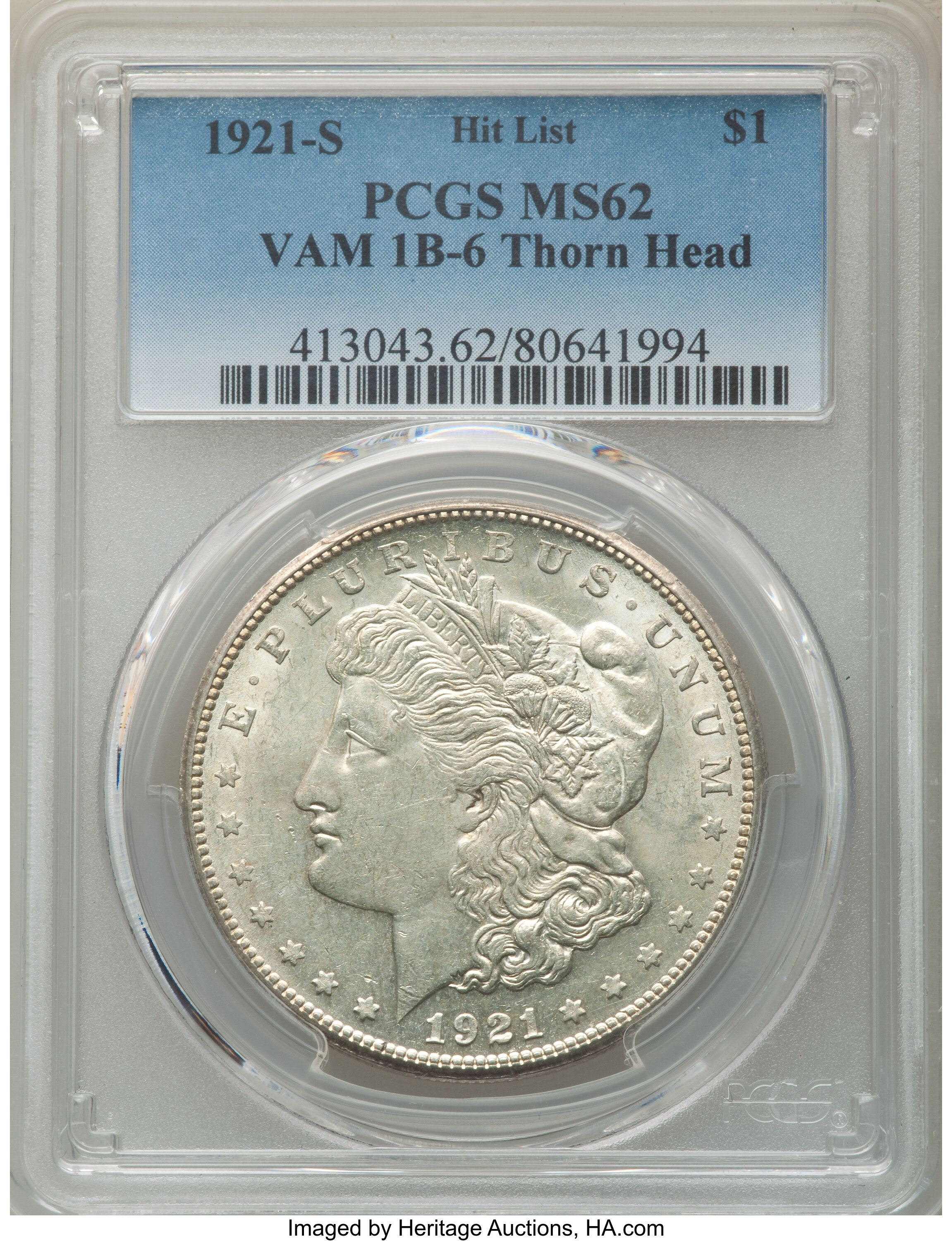 image for: 1921-S $1 Thorn Head, VAM-1B6, Hit List, MS62 PCGS. PCGS Population: (14/38). NGC Census: (0/0). MS62....