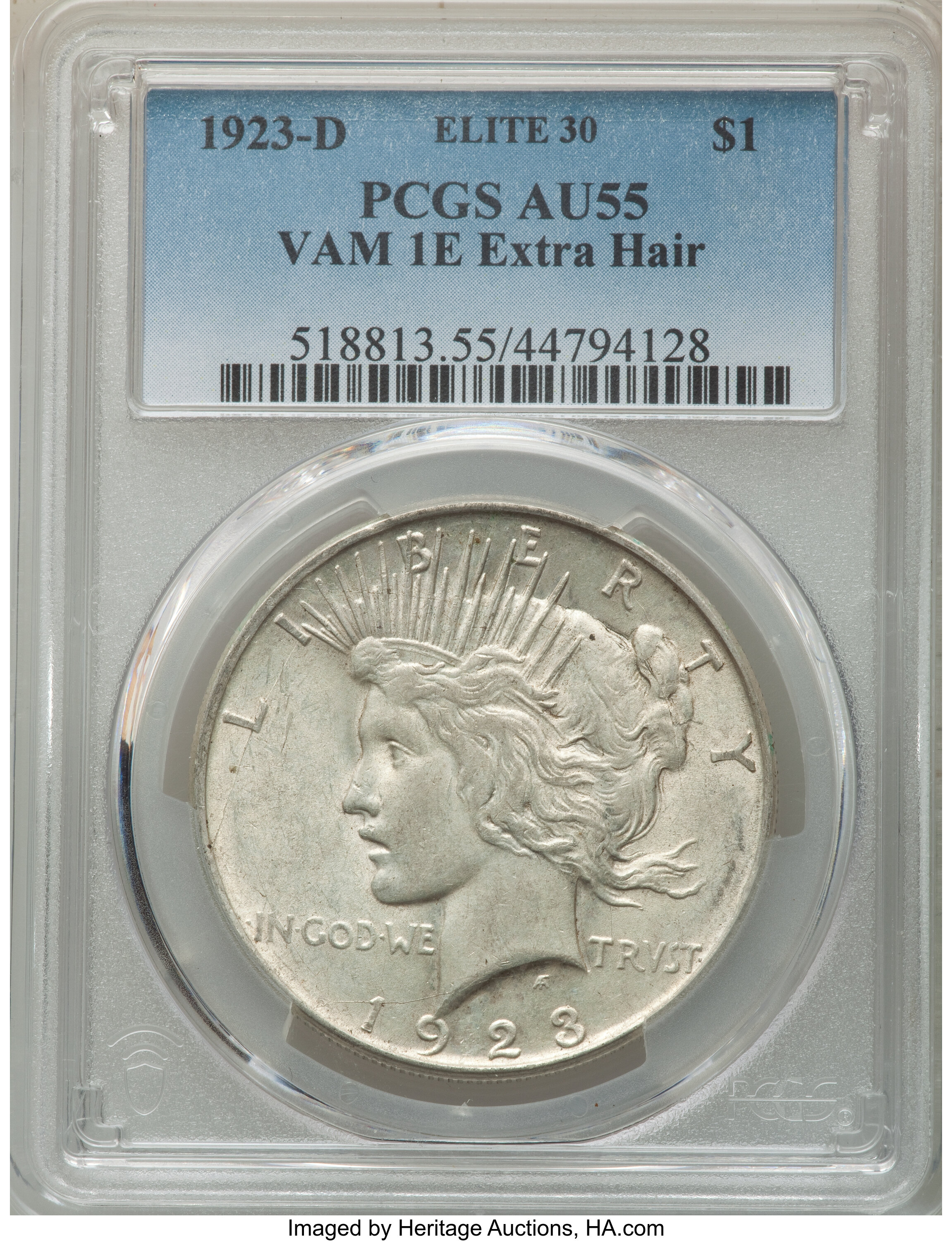 image for: 1923-D $1 Extra Hair, VAM-1E, AU55 PCGS. An Elite 30 Variety. PCGS Population: (6/11). NGC Census: (0/0). AU55....