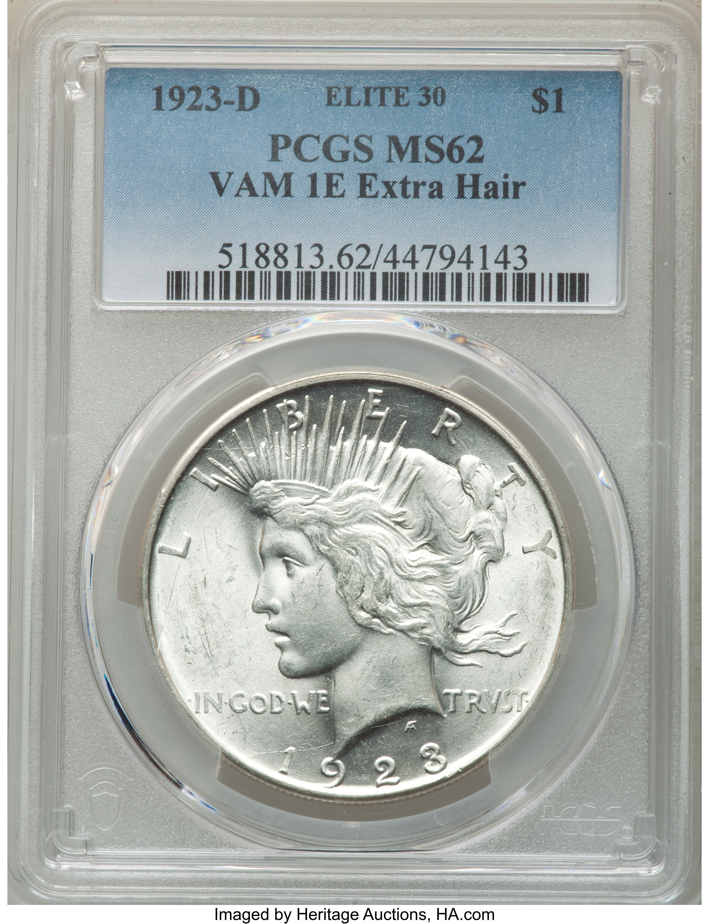 image for: 1923-D $1 VAM 1E, Extra Hair MS62 PCGS. An Elite 30 Variety. PCGS Population: (3/5). NGC Census: (0/0). MS62....