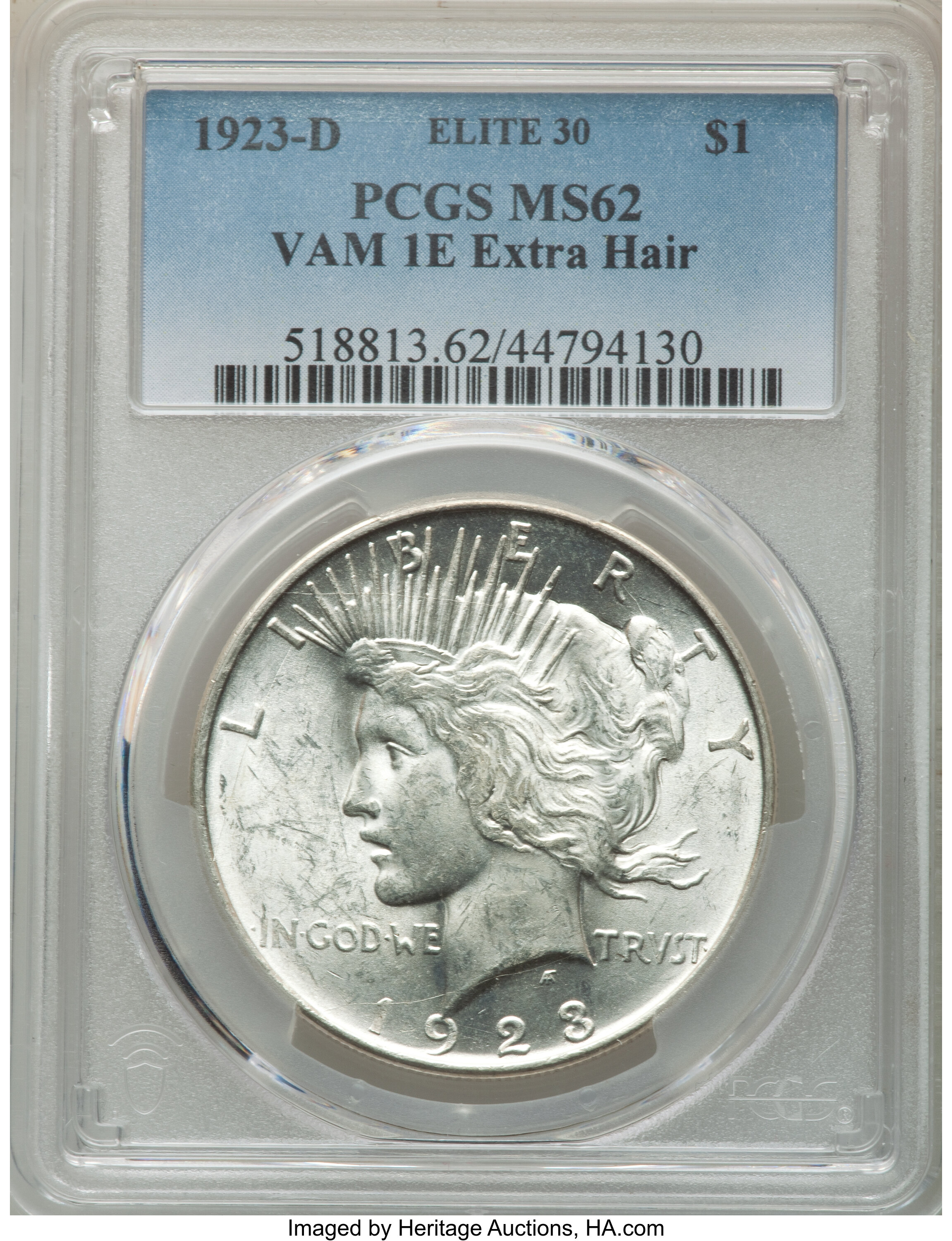 image for: 1923-D $1 Extra Hair, VAM-1E, MS62 PCGS. An Elite 30 Variety. PCGS Population: (3/5). NGC Census: (0/0). MS62....