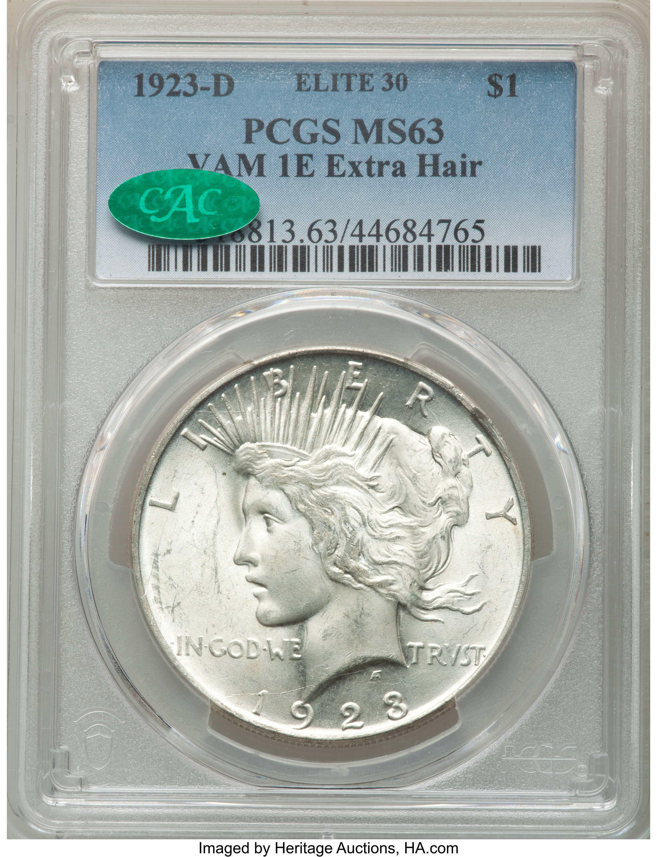 image for: 1923-D $1 VAM 1E, Extra Hair MS63 PCGS. CAC. An Elite 30 Variety. PCGS Population: (3/2). NGC Census: (0/0). MS63....