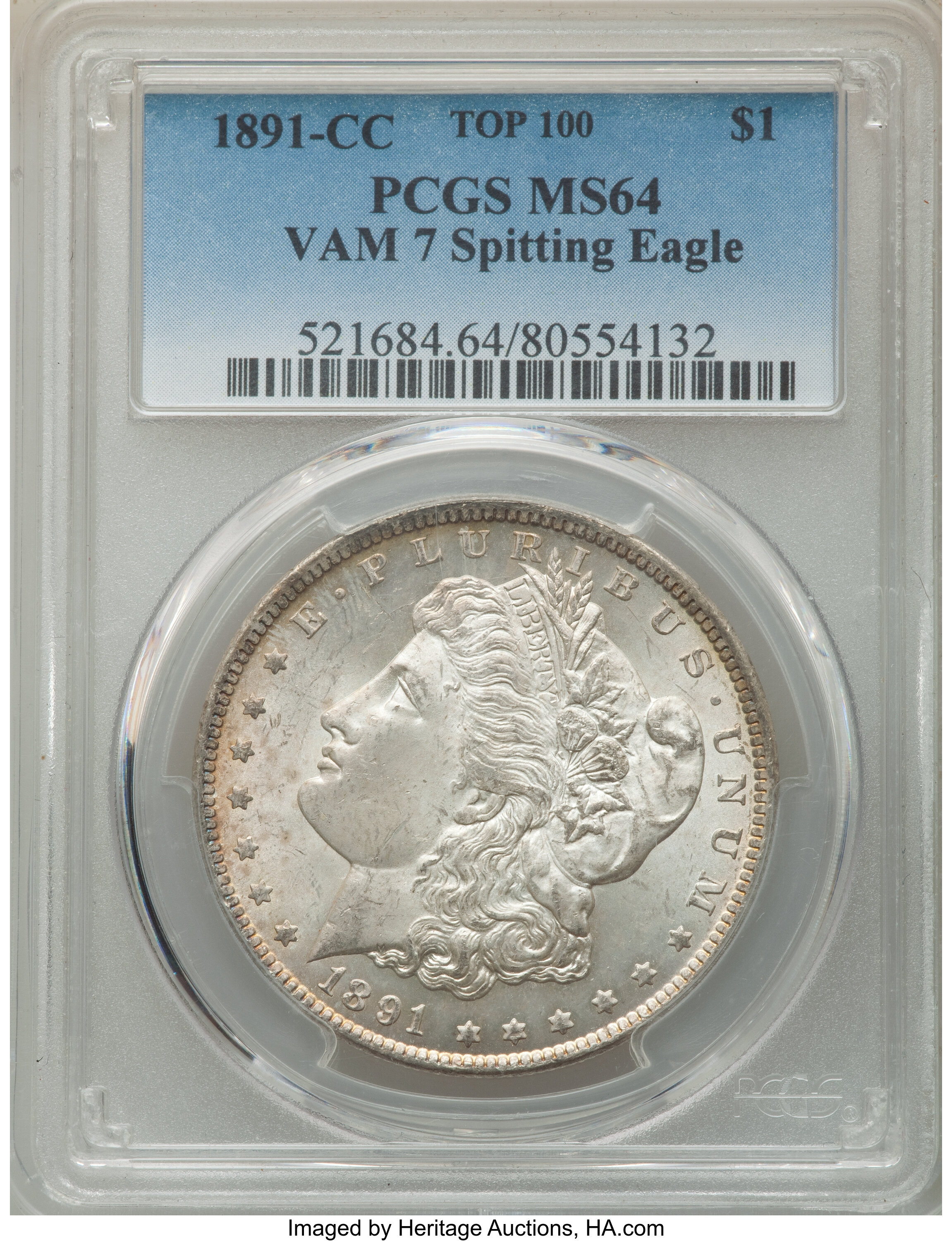 image for: 1891-CC $1 Spitting Eagle, VAM-7, Top 100, MS64 PCGS. PCGS Population: (4/2). NGC Census: (0/0). CDN: $1,400 Whsle. Bid for...