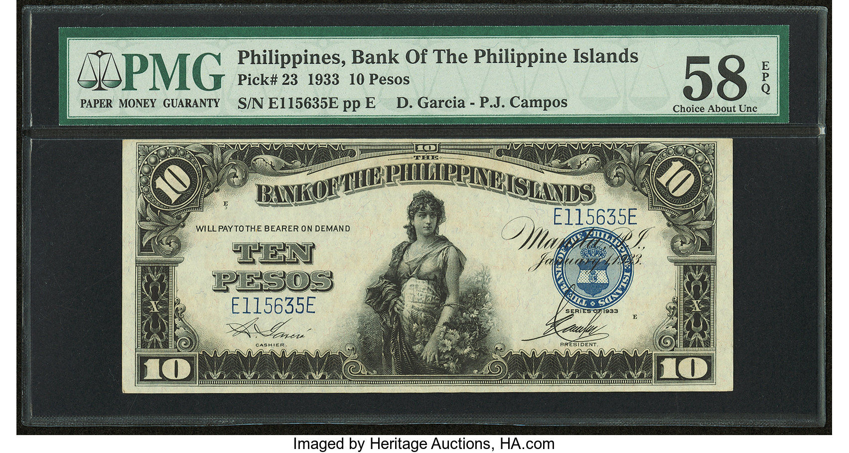 Bank of the Philippine Islands 10 pesos B608b,P23 January 1, 1933 Sig 4 Garcia/Campos Prefix/suffix E/E 403,500 notes Intro 1932 Pricing Guide | The Greysheet Bank of the Philippine Islands 10 pesos B608b,P23 January 1, 1933 Sig 4 Garcia/Campos Prefix/suffix E/E 403,500 notes Intro 1932 Pricing Guide | The Greysheet