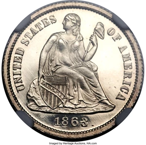 image for: 1863 10C PR65 Ultra Cameo NGC. NGC Census: (3/6). PCGS Population: (5/2). PR65. Mintage 460. ...