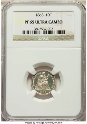 image for: 1863 10C PR65 Ultra Cameo NGC. NGC Census: (3/6). PCGS Population: (5/2). PR65. Mintage 460. ...