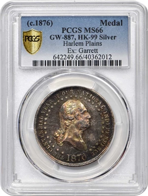 image for: Circa 1876 Harlem Plains Medal. George Lovett's Battle Series, No. 4. Musante GW-887, Baker-443, Silver. HK-99. Plain edge. MS-66 (PCGS).