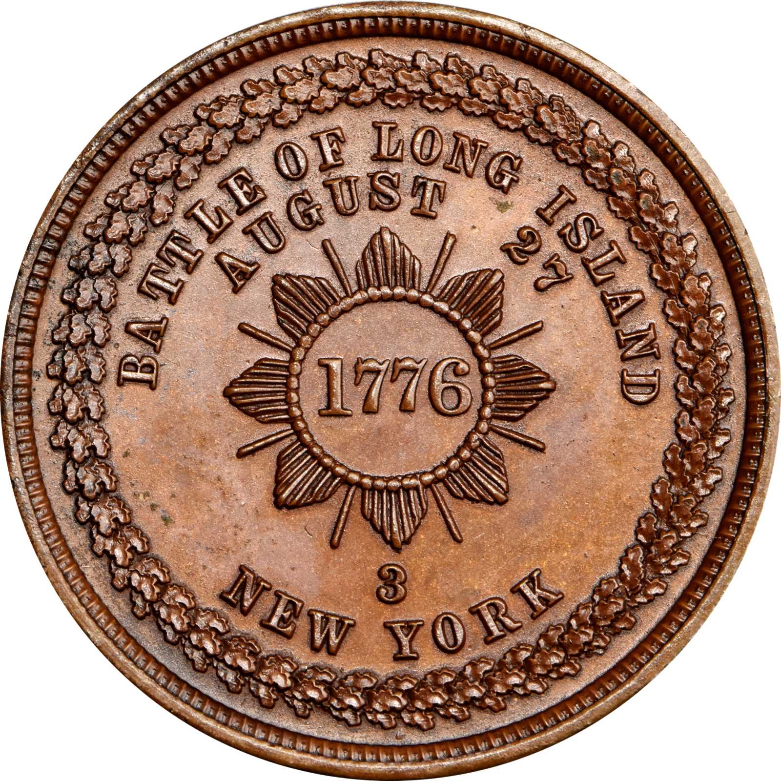 image for: Circa 1876 Long Island Medal. George Lovett's Battle Series, No. 3. Musante GW-886, Baker-442A, HK-97. Bronzed. Plain edge. MS-64 BN (PCGS).