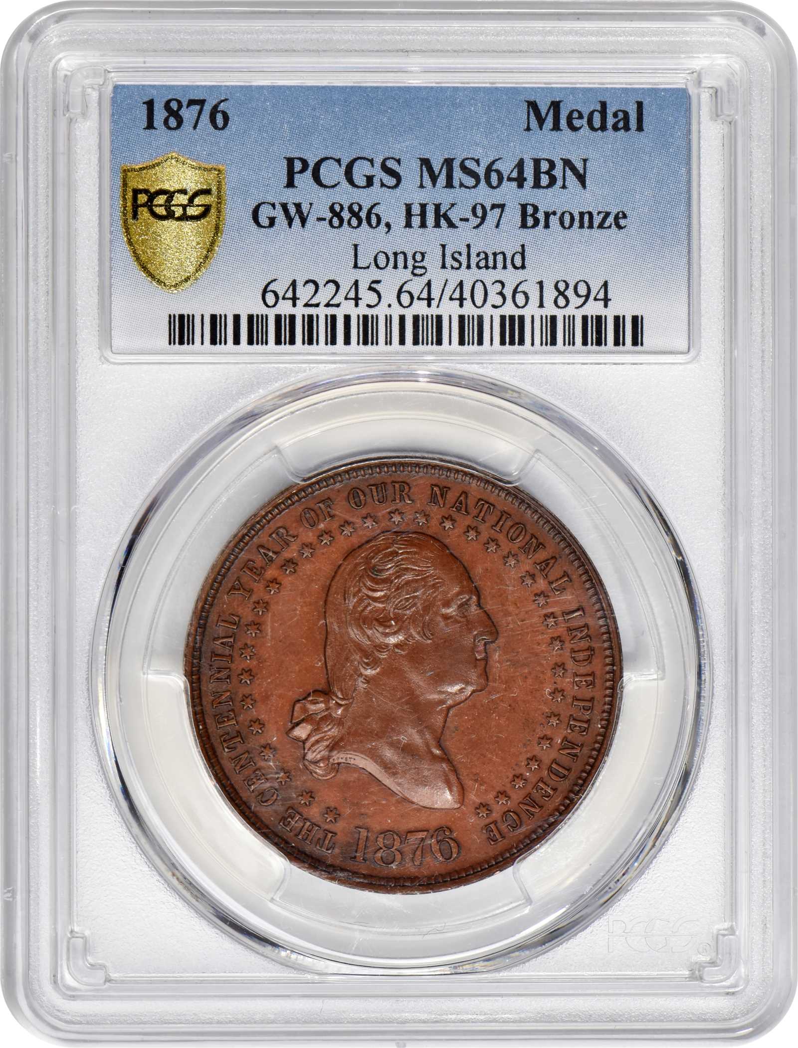 image for: Circa 1876 Long Island Medal. George Lovett's Battle Series, No. 3. Musante GW-886, Baker-442A, HK-97. Bronzed. Plain edge. MS-64 BN (PCGS).