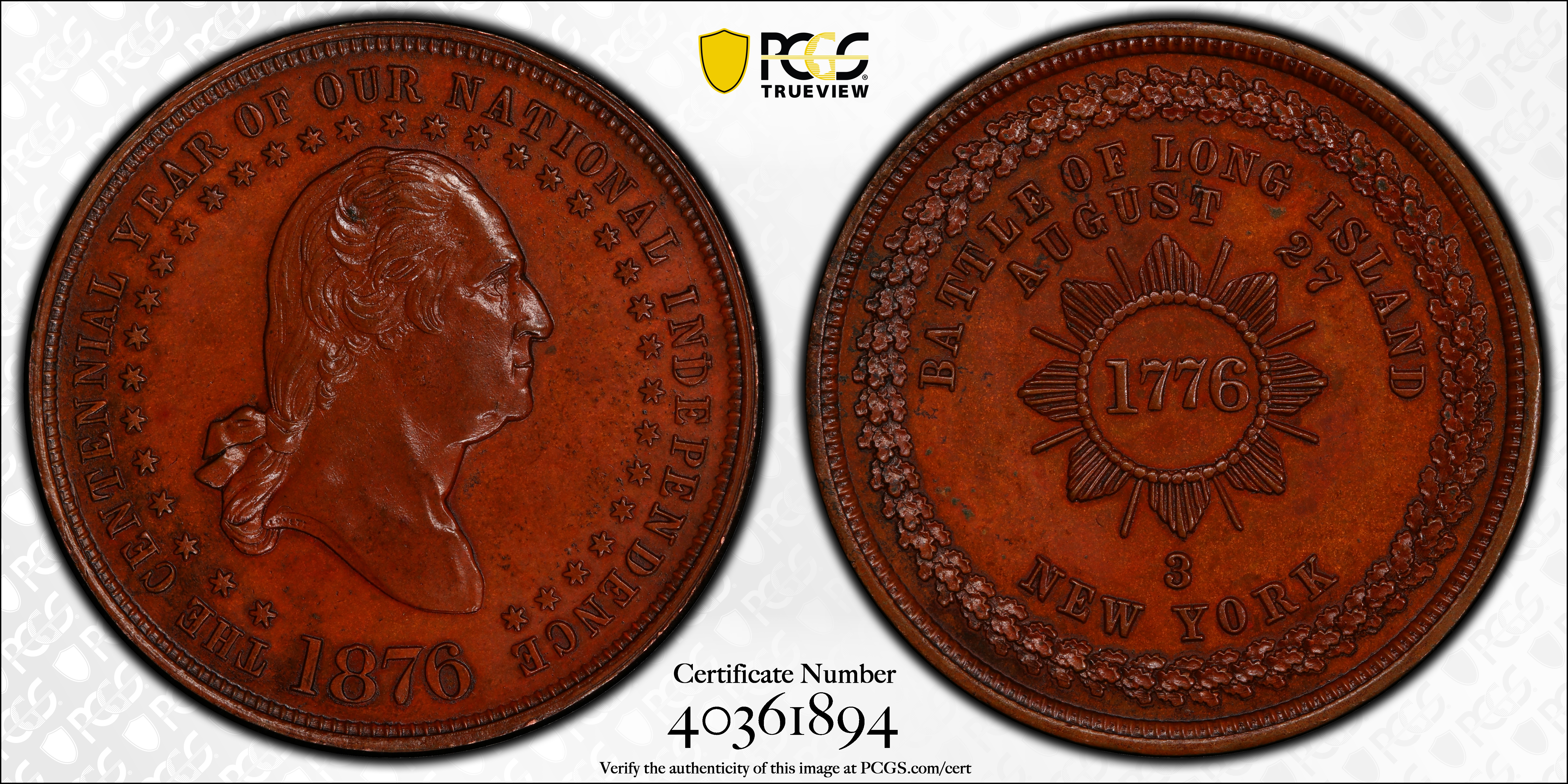 image for: Circa 1876 Long Island Medal. George Lovett's Battle Series, No. 3. Musante GW-886, Baker-442A, HK-97. Bronzed. Plain edge. MS-64 BN (PCGS).