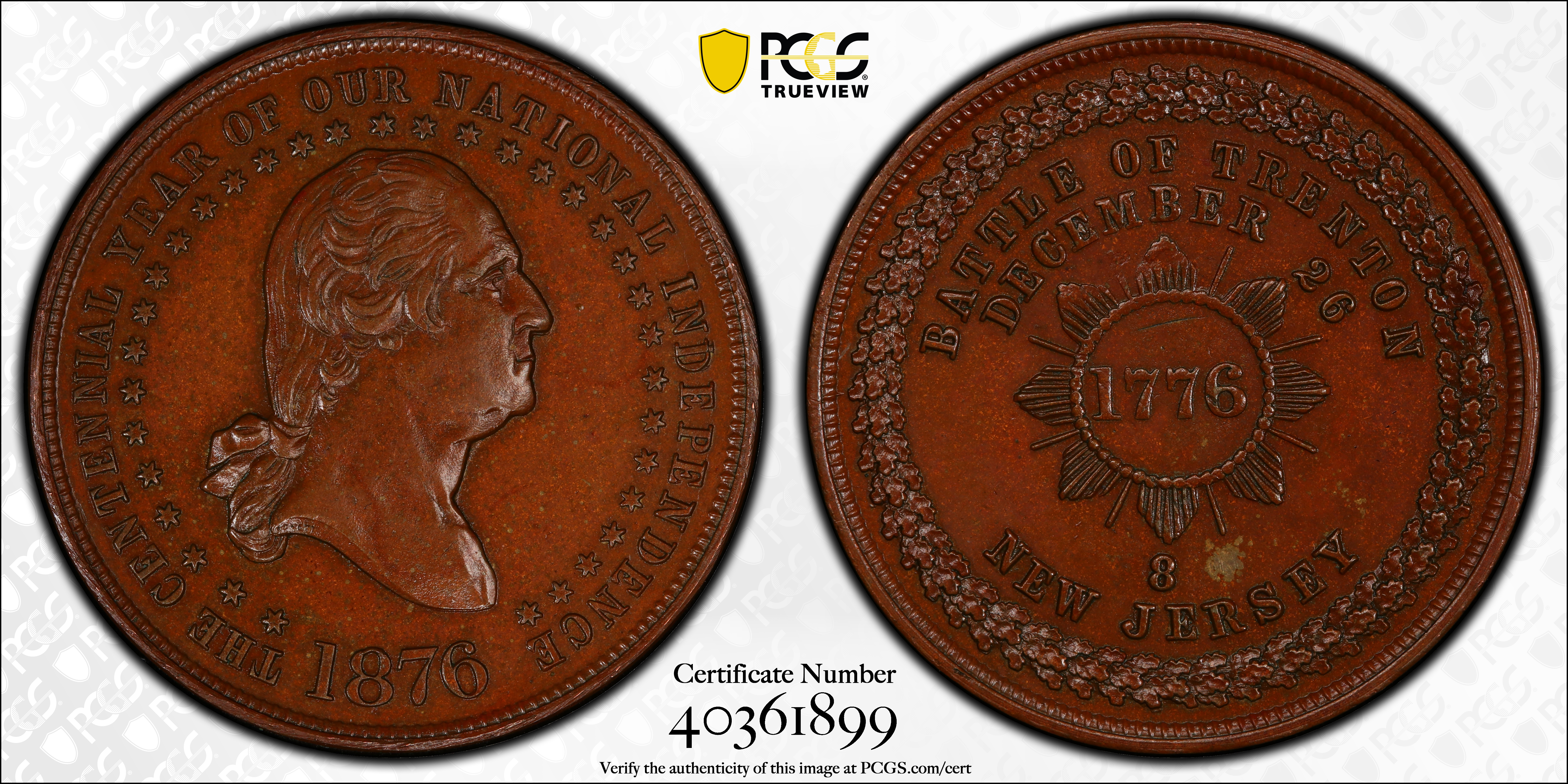image for: Circa 1876 Trenton Medal. George Lovett's Battle Series, No. 8. Musante GW-891, Baker-447A, HK-112. Bronzed. Plain edge. MS-64 BN (PCGS).