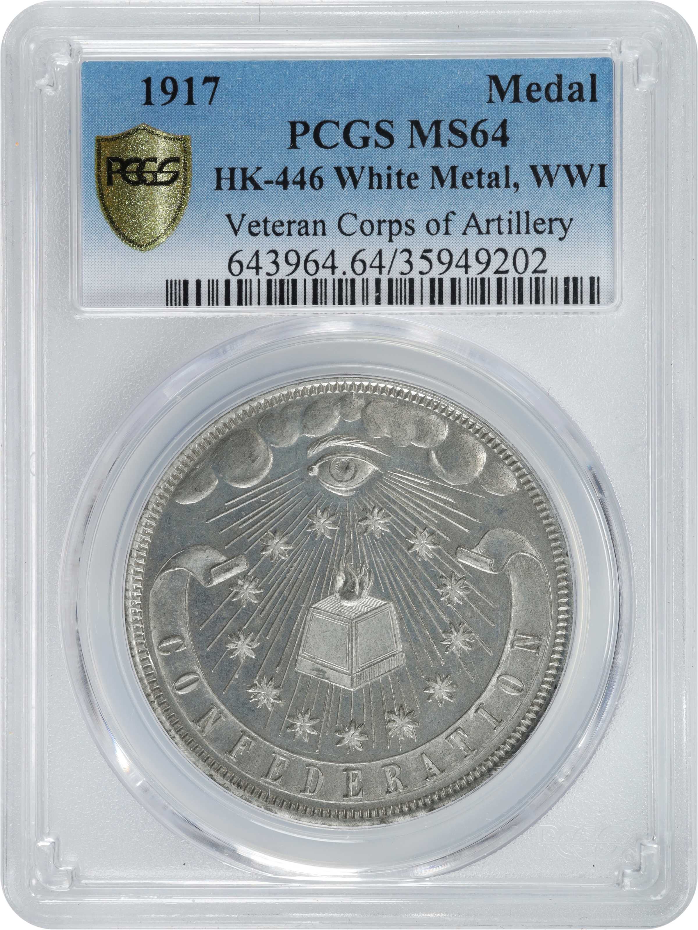 image for: 1917 World War I, Visit of Our Allies and Their Guard of Honor. Veteran Corps of Artillery Medal. HK-446, DeLorey-95. Rarity-7. White Metal. MS-64 (PCGS).