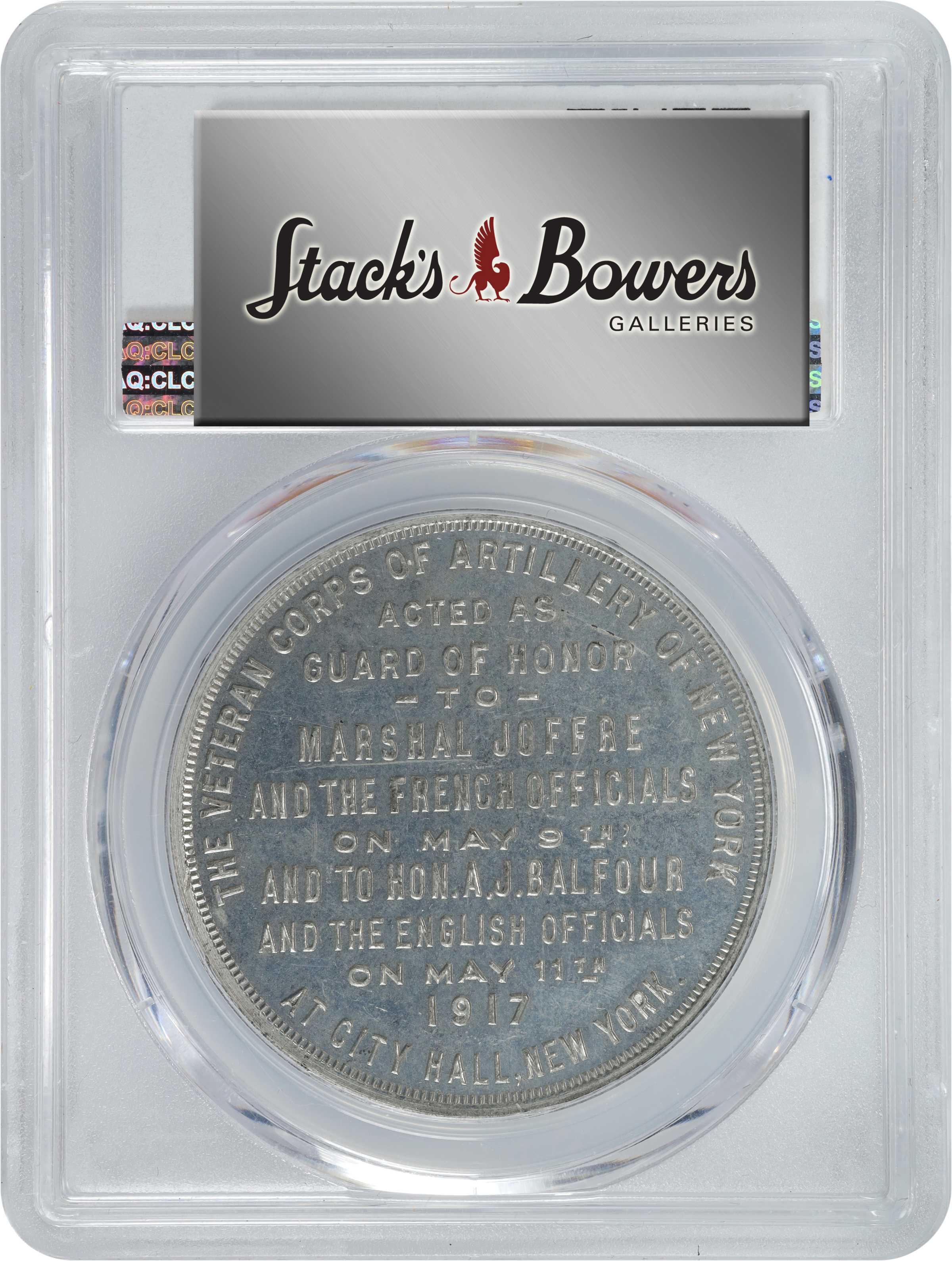 image for: 1917 World War I, Visit of Our Allies and Their Guard of Honor. Veteran Corps of Artillery Medal. HK-446, DeLorey-95. Rarity-7. White Metal. MS-64 (PCGS).