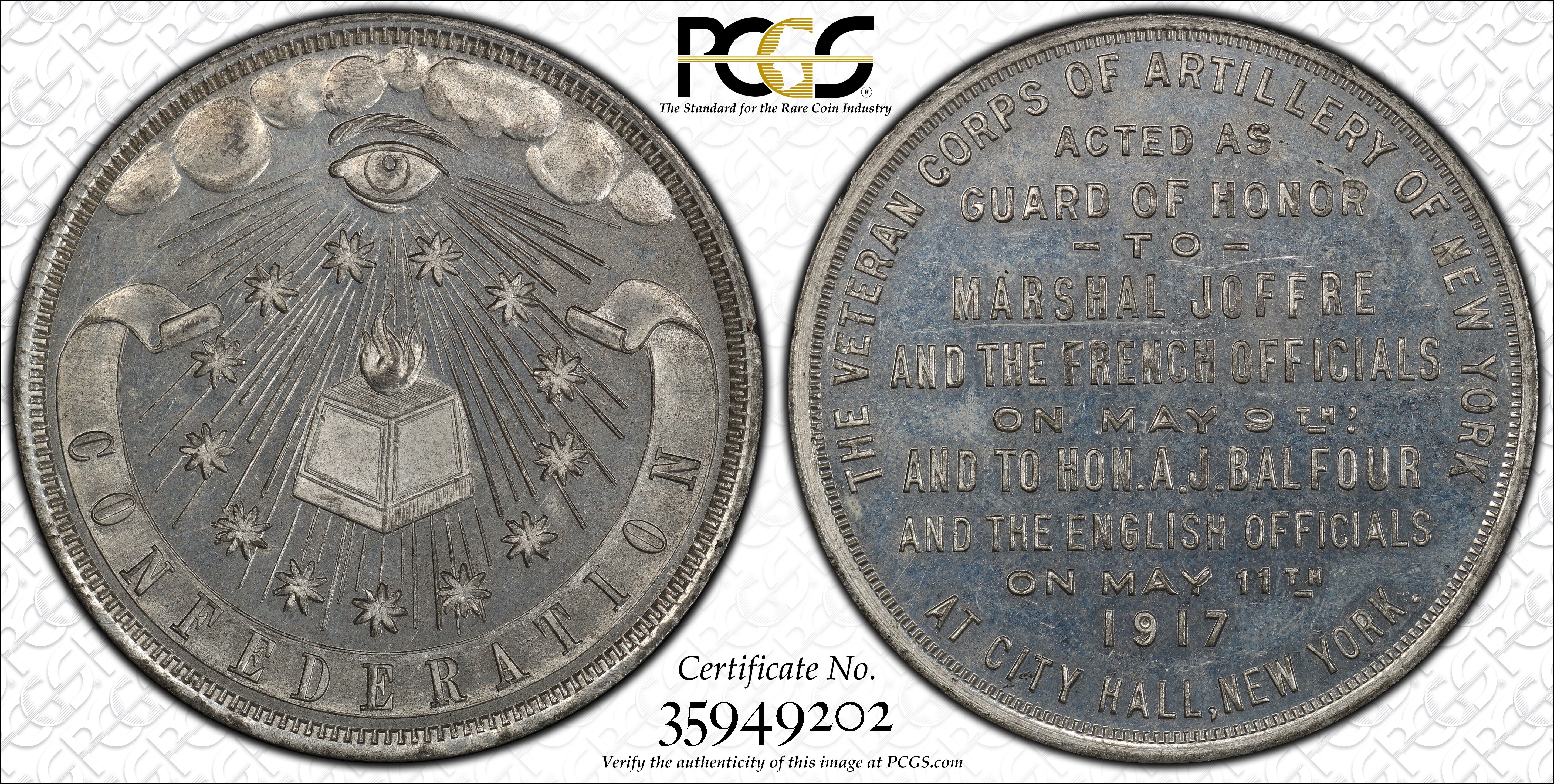 image for: 1917 World War I, Visit of Our Allies and Their Guard of Honor. Veteran Corps of Artillery Medal. HK-446, DeLorey-95. Rarity-7. White Metal. MS-64 (PCGS).
