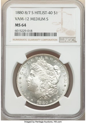 image for: 1880-S $1 8/7, Checkmark, Medium S, VAM-12, MS64 NGC. A Hitlist-40 Variety. NGC Census: (0/0). PCGS Population: (41/54). MS...