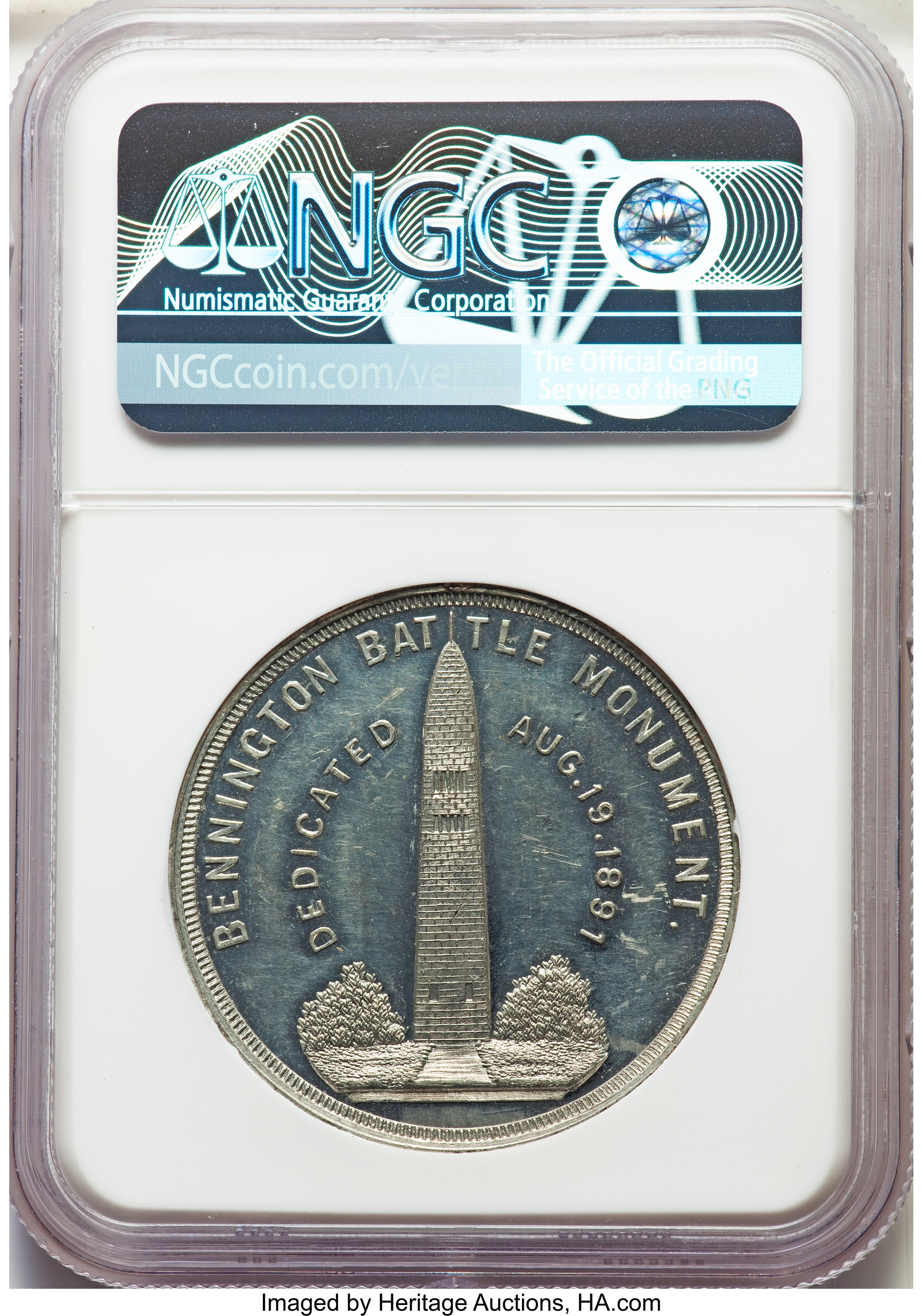 image for: 1891 Medal Gen. Stark, Col. Warner, Vermont Centennial, White Metal, HK-153, R.6, MS62 Deep Prooflike NGC. NGC Census: (0/0...